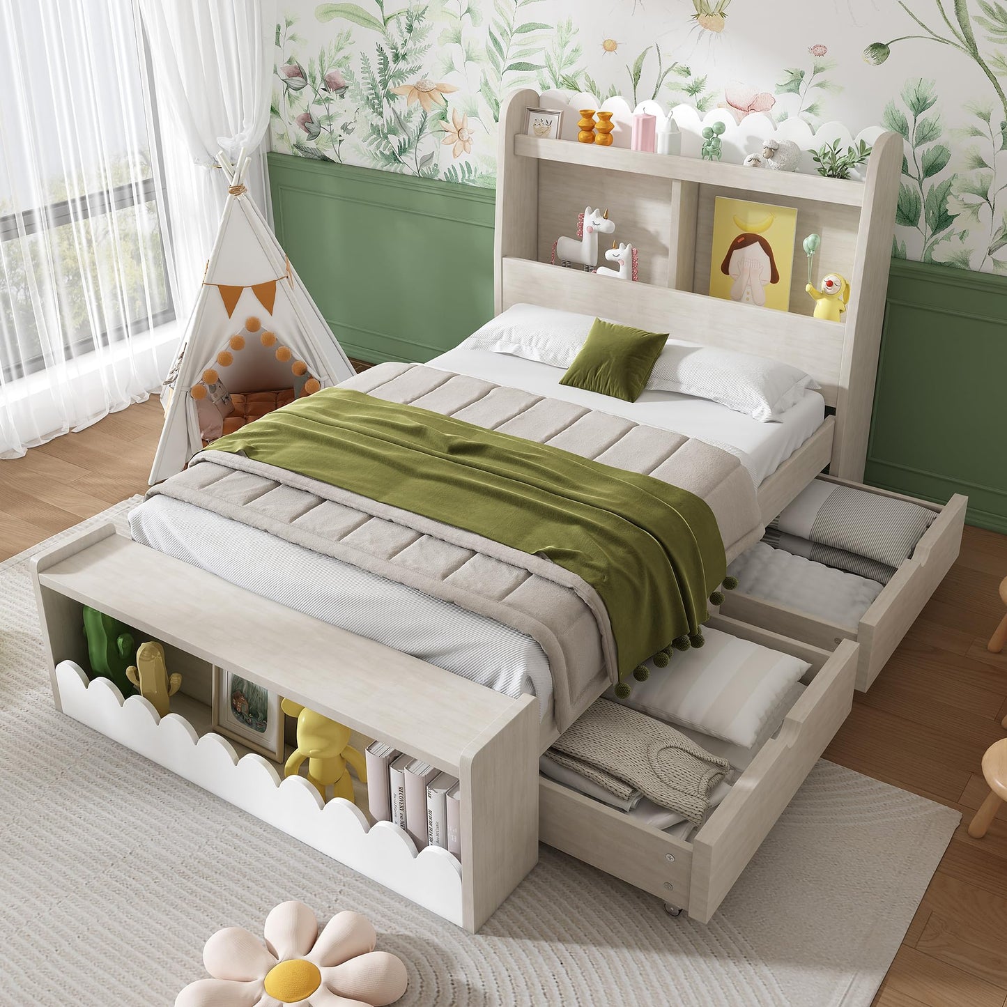 RIAZOS Kinderbett Holzbett 90x200 cm, Massiveholz Einzelbett mit Schreibtisch und Schubladen, Stauraumbett mit Lattenrost, für Jungen & Mädchen, ohne Matratze, Weiß