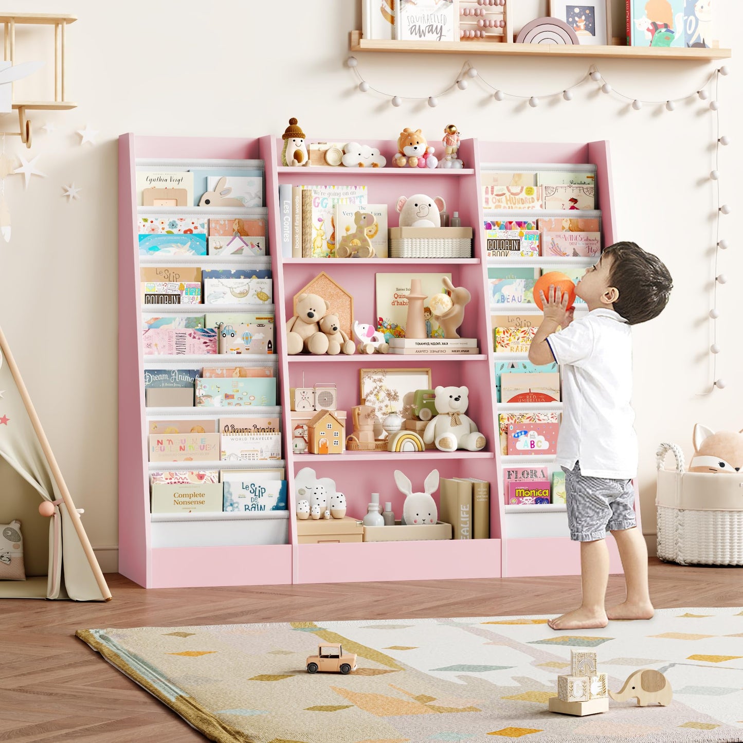 FOREHILL 129 cm Breite Kinderregal, Bücherregal für Kinder mit 14 Ablagen, Kinderzimmer Möbel aus Holz, Spielzeugregal, Regal für Kinderzimmer, Kindergarten, Leseecke, 129 x 120 x 35 cm (weiß)
