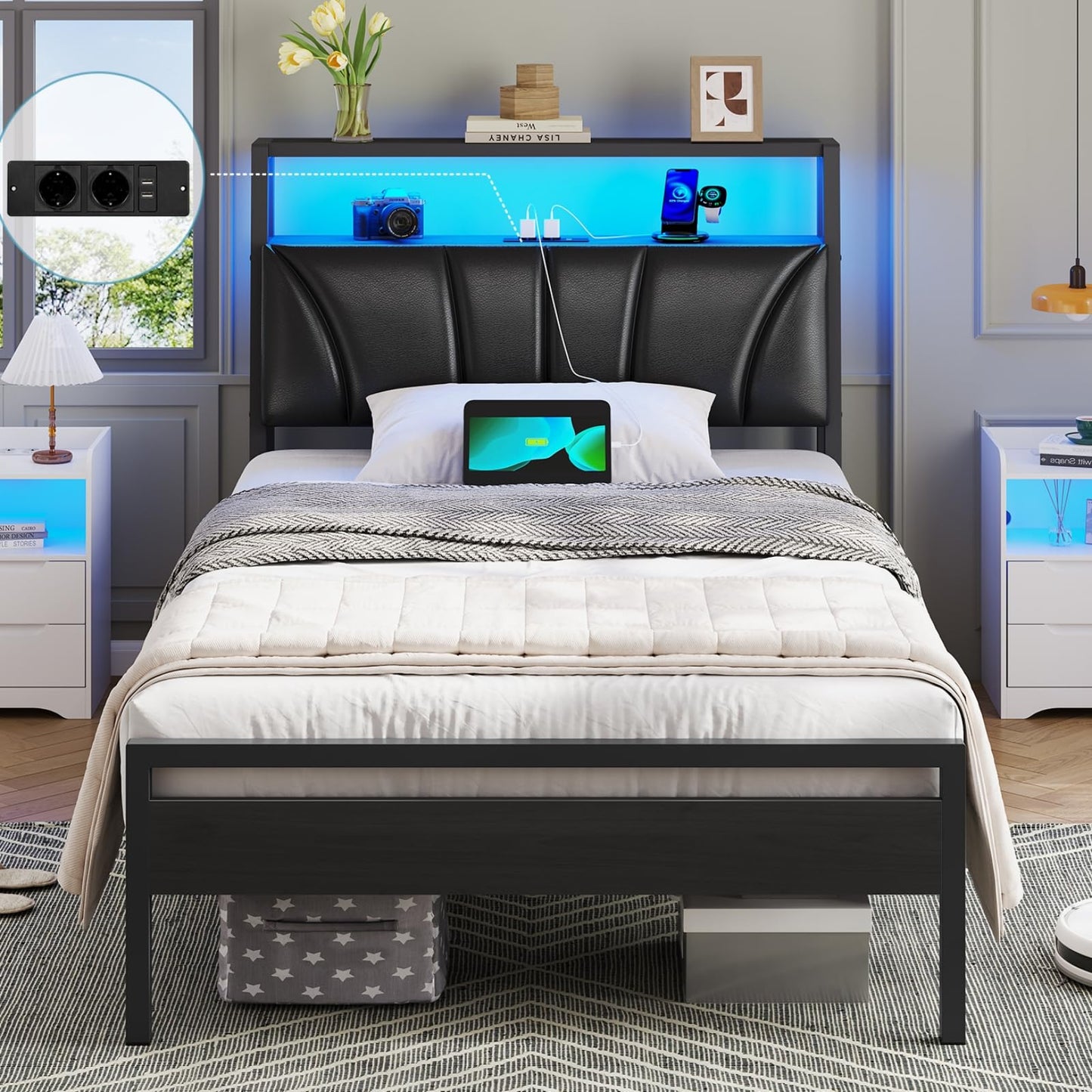 Brinlawb Bed 140 x 200 cm with Metal Slatted Frame, Bed Frame 140 x 200 cm with LED Lighting, Metal Bed 140 x 200 cm with Headboard and Charging Station (2 AC Sockets, 2 USB Ports), Youth Bed, Double