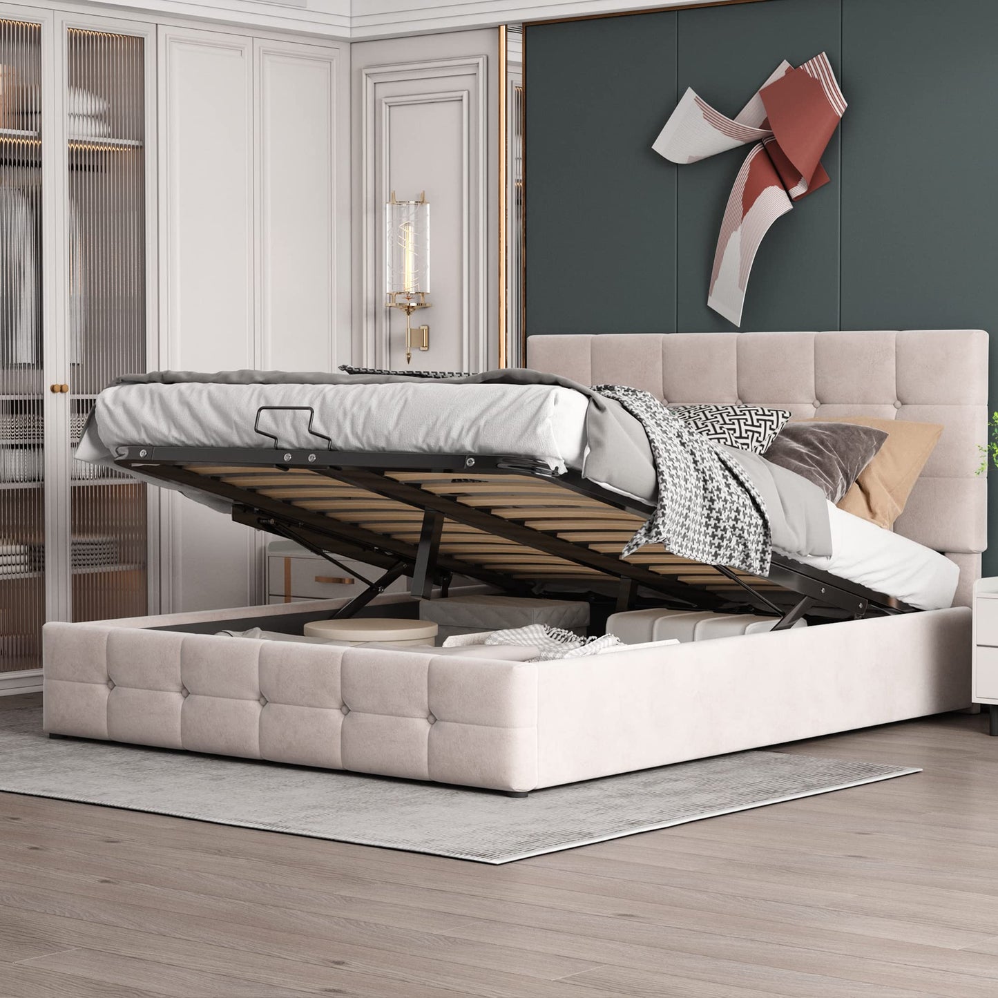 Gegtuon Upholstered Bed 140 x 200 cm, Double Bed with Headboard, Storage Bed Youth Bed with Hydraulic Storage Space Underbed, Functional Bed, Guest Bed, Bed Frame, Slatted Frame, Without Mattress,
