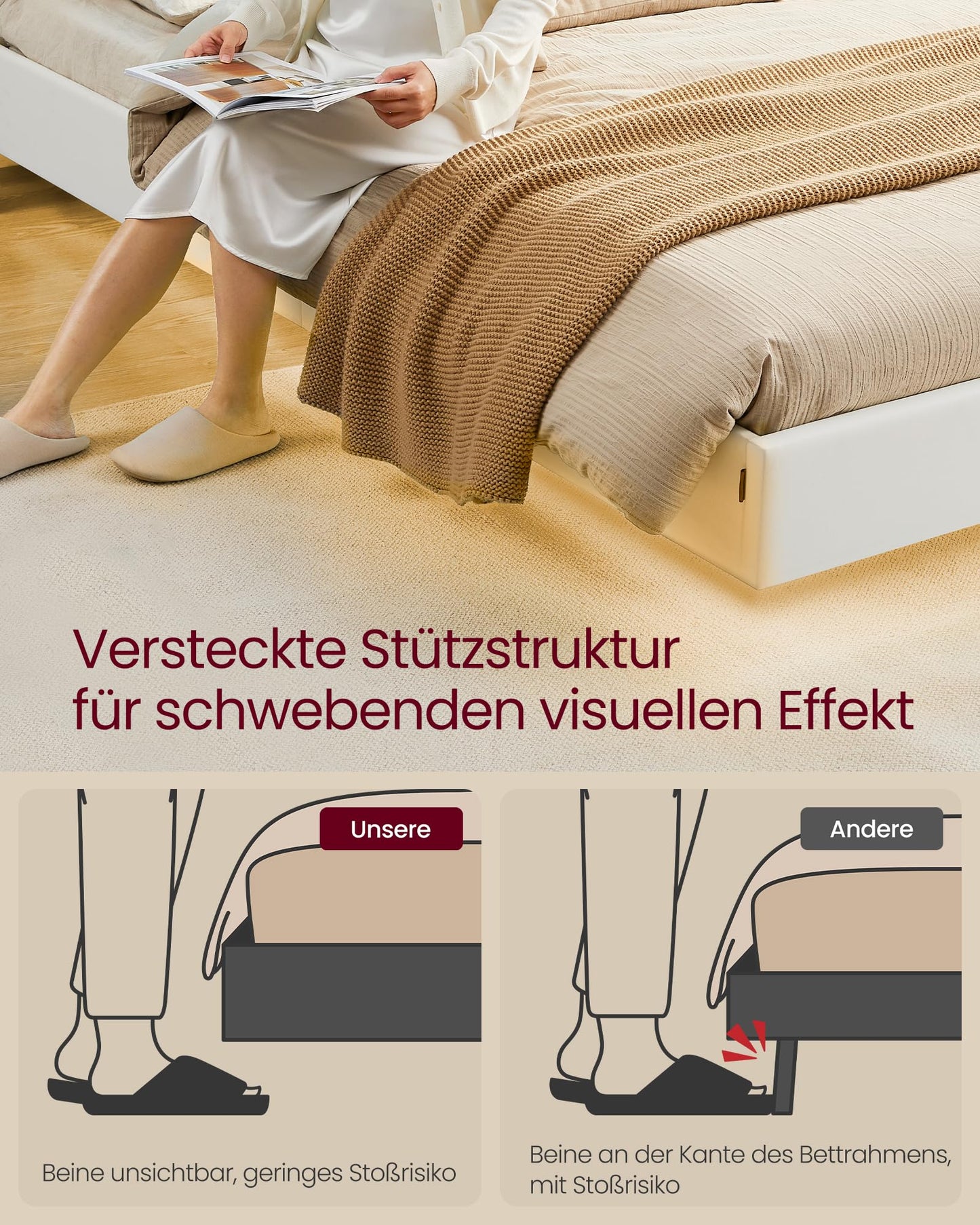 VASAGLE Double Bed Frame 140 x 200 cm Floating Visual Effect Bed with LED Lighting High Headboard Charging Station Modern Cloud White RMB864W01