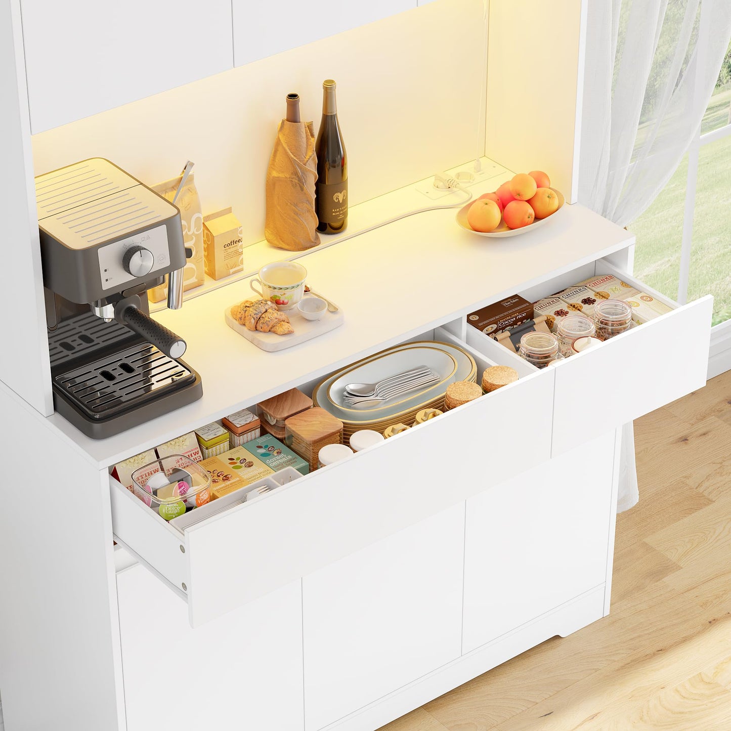 FirFurd 180 cm Kitchen Cabinet with Worktop and LED, Buffet Cabinet, Tall Cabinet with Power Strip and Adjustable Shelves, Sideboard for Kitchen, Living Room, Dining Room, 100 x 38.5 x 180 cm, White