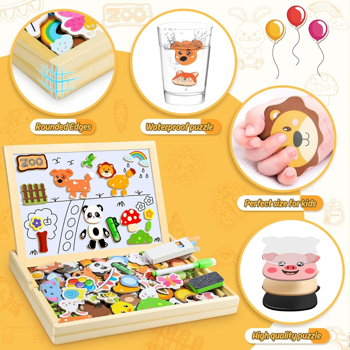 COOLJOY Magnetic Wooden Puzzles Double Sided Wooden Board Toy Learning Game for Children Boys Girls 3 4 5 Years Old
