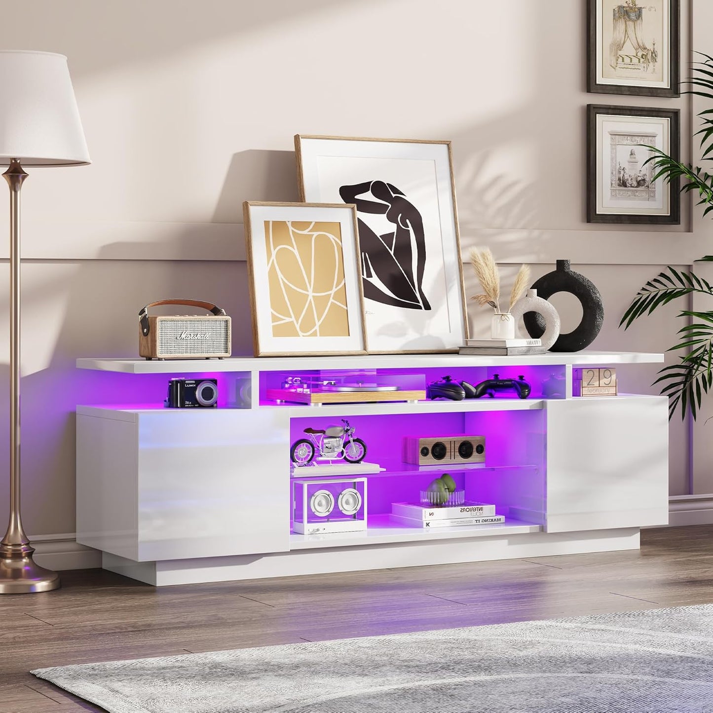 LUXOAK TV Lowboard High Gloss White with LED Lighting - 160 x 38.5 x 54.5 cm TV Stand for up to 75 Inch TV, TV Cabinet with 2 Doors & Adjustable Glass Shelf, for Living Room & Bedroom