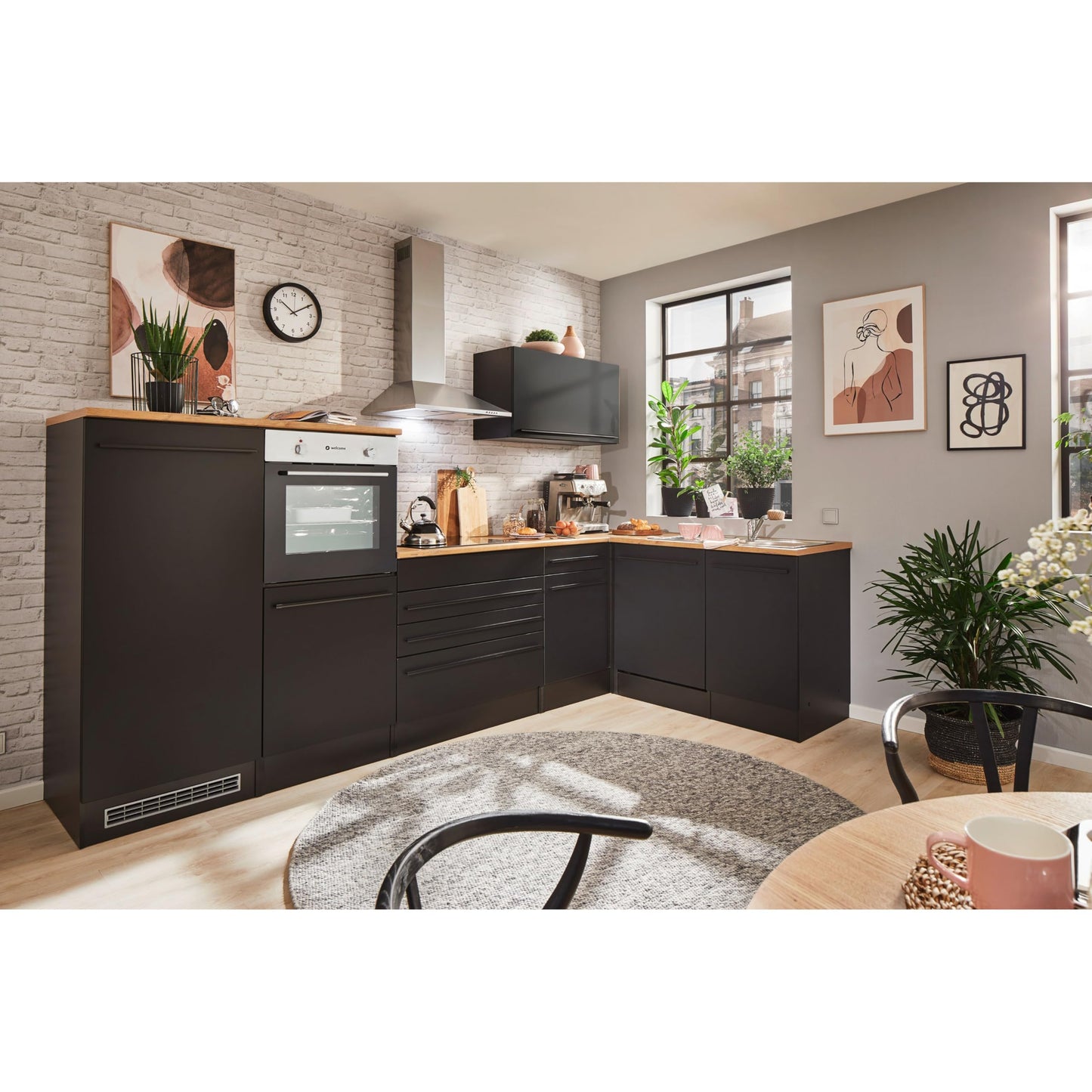 Jazz 4 Modern Corner Kitchen with Electrical Appliances in White High Gloss, Metallic Grey - Spacious Kitchen Unit in L-Shaped with Lots of Storage Space - 320 x 200 x 60 cm (W x H x D)