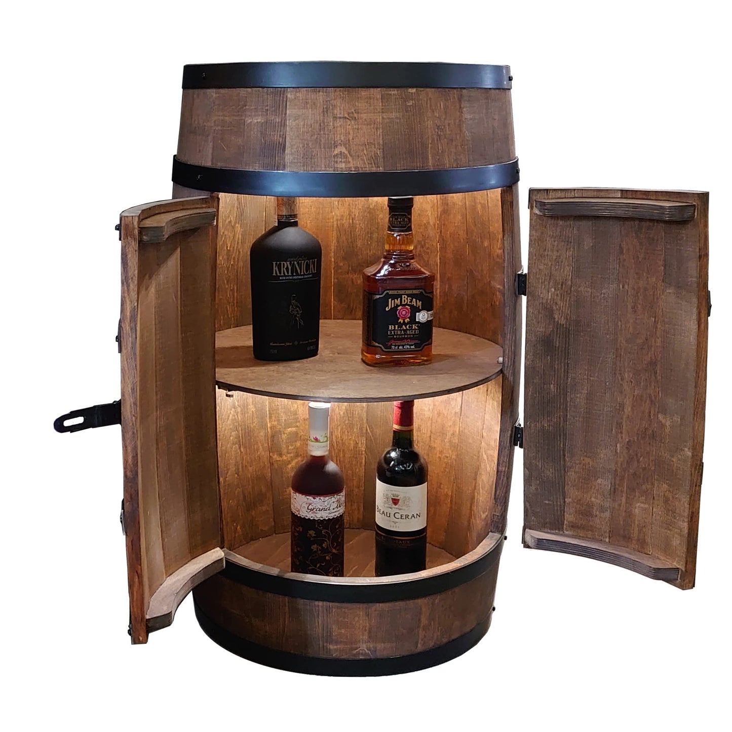 CREATIVE COOPER Wooden Wine Rack with Door with LED - Alcohol Cabinet Bottle Rack Wood - Wooden Barrel - Barrel Furniture - Wine Stand - Wine Barrel - Wine Bar - Barrel Bar with Door - Mini Bar 80 cm