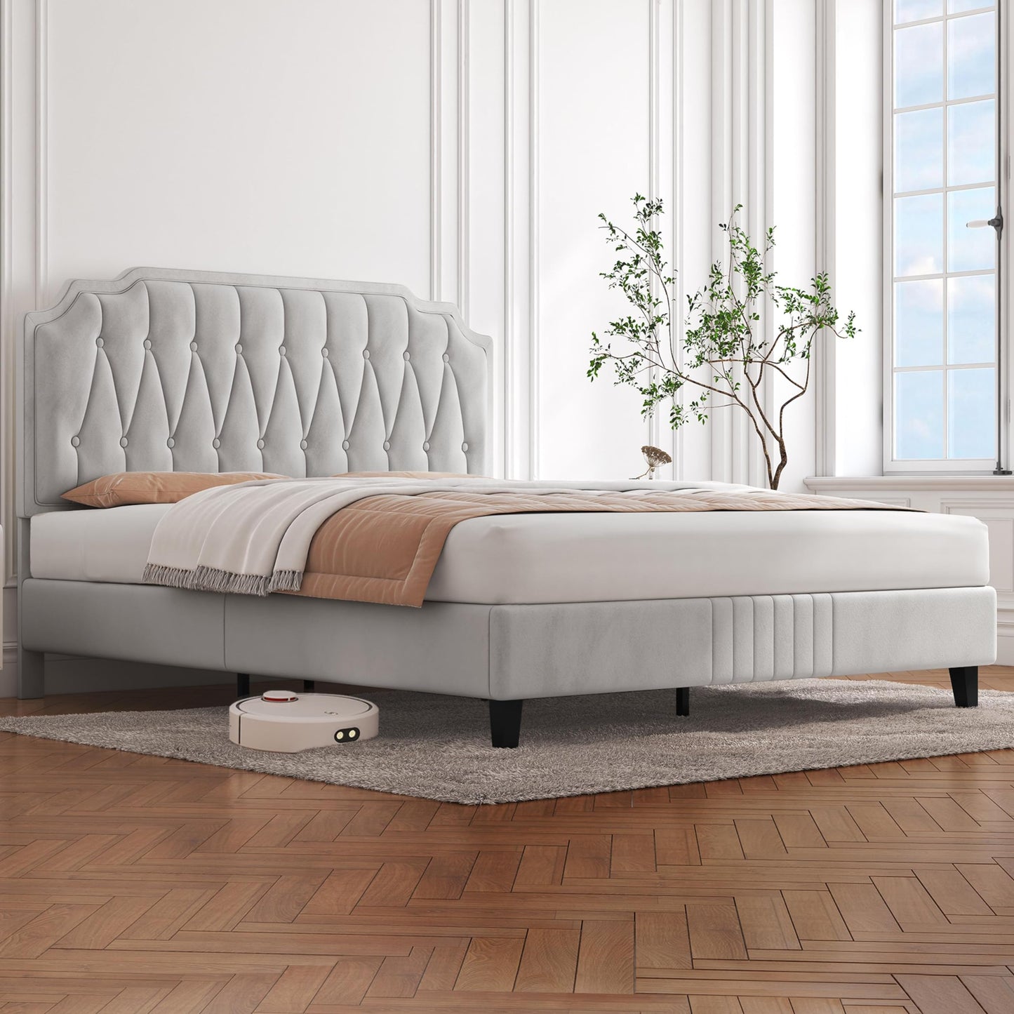 Yaheetech Upholstered Double Bed 140 x 200 cm Fabric Bed Youth Bed Padded Bed with Height-Adjustable Headboard Bed Frame with Slatted Frame, Dark Grey
