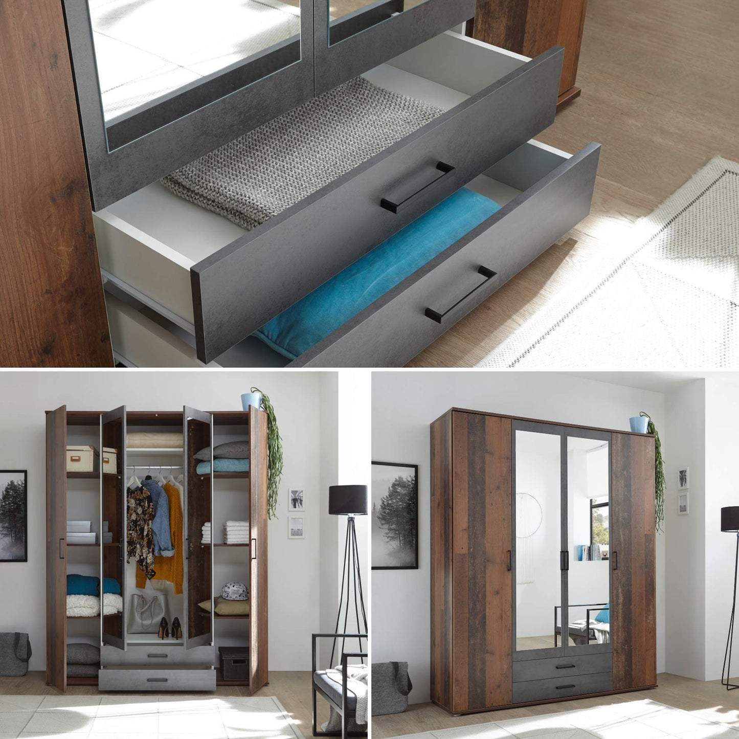 Stella Trading CHICAGO Eleganter Kleiderschrank mit viel Stauraum - Vielseitiger Drehtürenschrank in Artisan Eiche Optik und Absetzungen in Anthrazit - 156 x 197 x 54 cm (B/H/T)