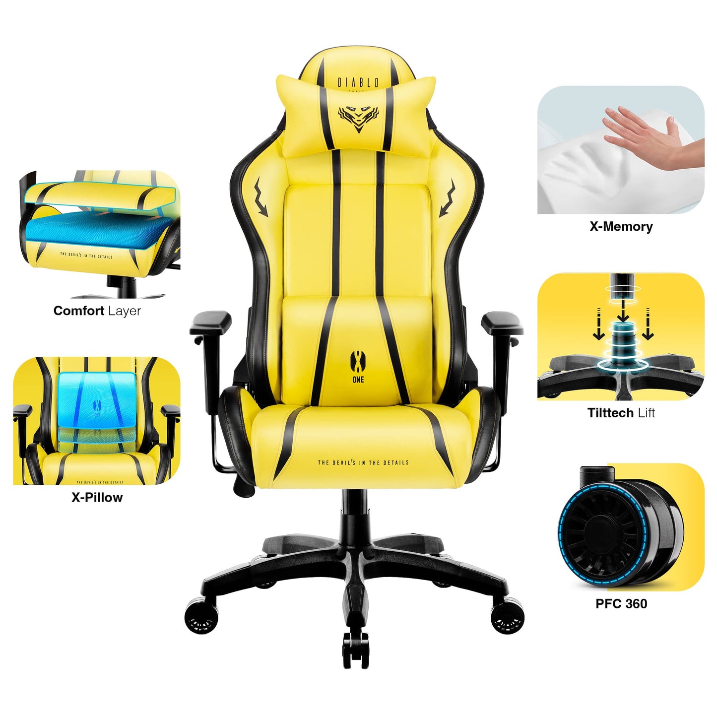 Diablo X-One 2.0 Gaming Stuhl Gamer Chair Bürostuhl Schreibtischstuhl Verstellbare Armlehnen Ergonomisches Design Nacken/-Lendenkissen Wippfunktion Aqua Blue Normal (L)