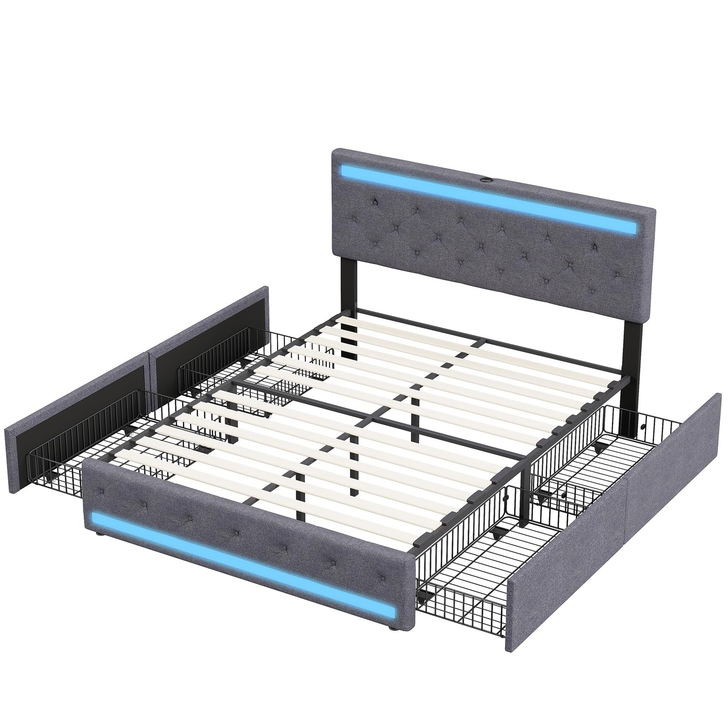 KeepGoon Doppelbett 140 x 200 cm,Polsterbett mit LED-Leuchten, 4 Eisenschubladen und einem USB Ladeanschluss,Stauraumbetten Bettgestell,Leinenstoff (Beige)