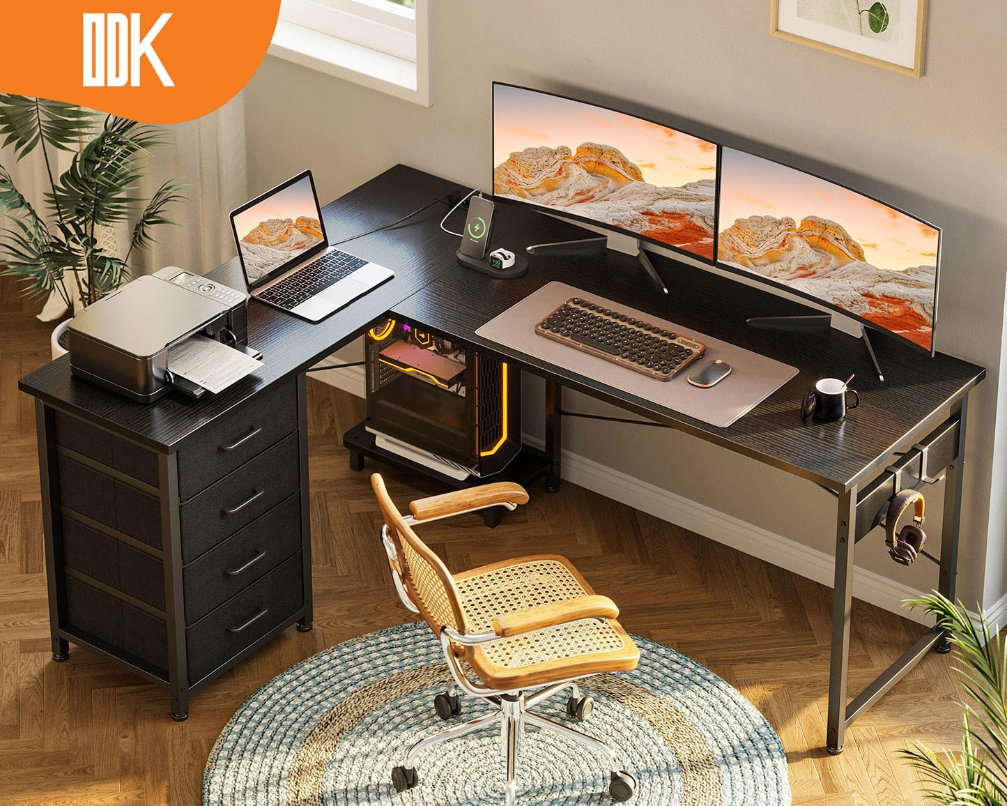 ODK Corner Desk with 4 Drawers, 135 x 100 cm, L Shape Desk with Socket and USB Charging Port, Reversible Desk with Storage Space for Home Office and Gaming, Black