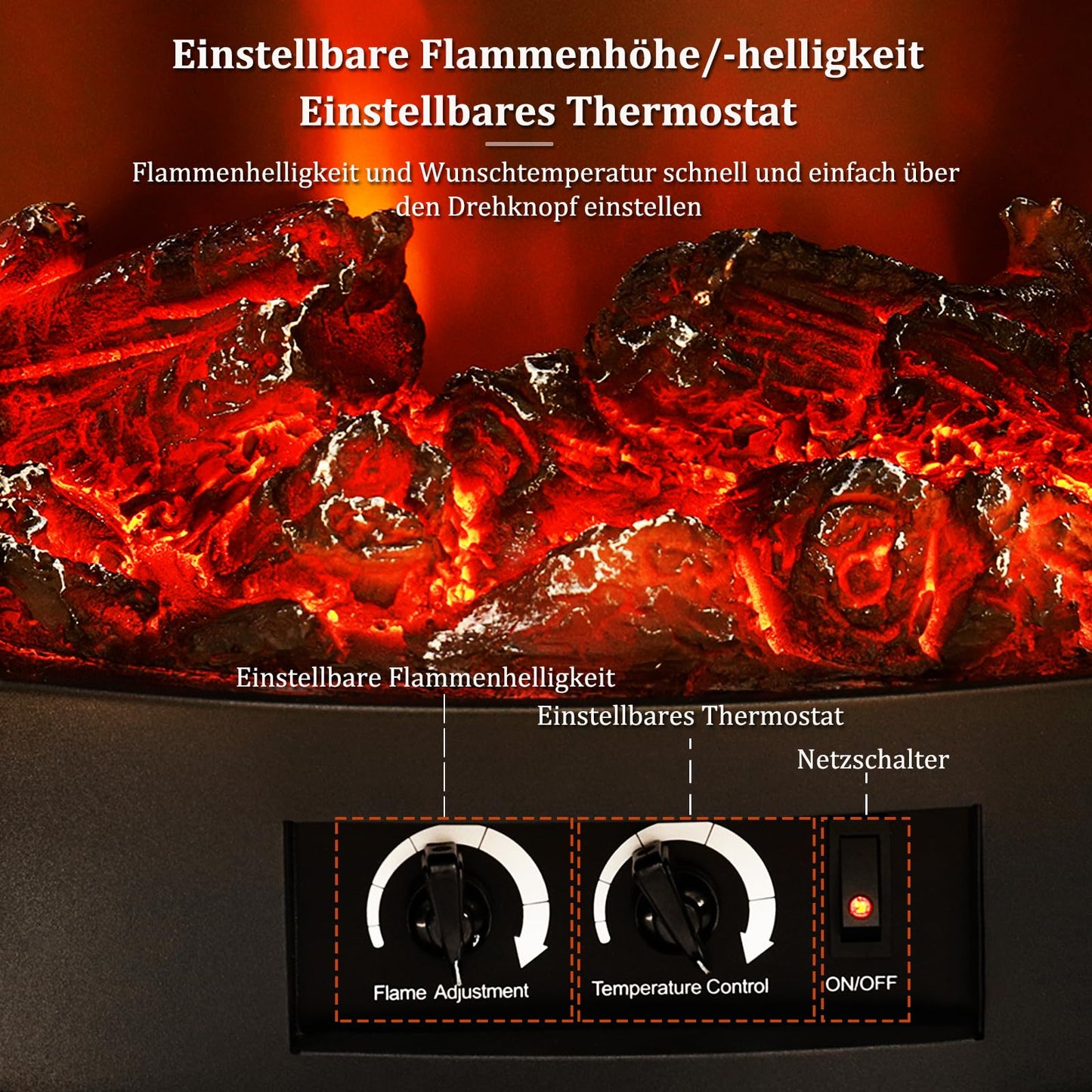 INMOZATA Elektrokamin mit Heizung 1800W LED Kaminfeuer mit Flammeneffekt, LED Kamin Elektrisch Kaminofen mit Einstellbarer Thermostat Panorama-Sichtfenster Heizfunktion