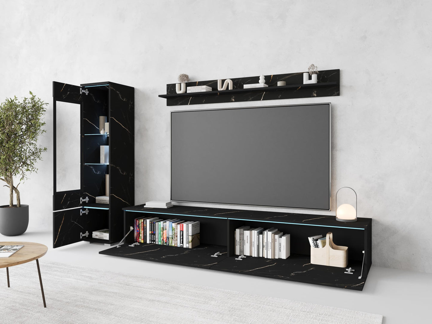 MINIO go for it Veve 2, 4-Piece Wall Unit Set, Hanging or Standing, 2 x Tall Cabinet Display Cabinets, Lowboard, Wall Board, Laminated Clamping Plate, Wotan Oak and Black Gloss, without Lighting