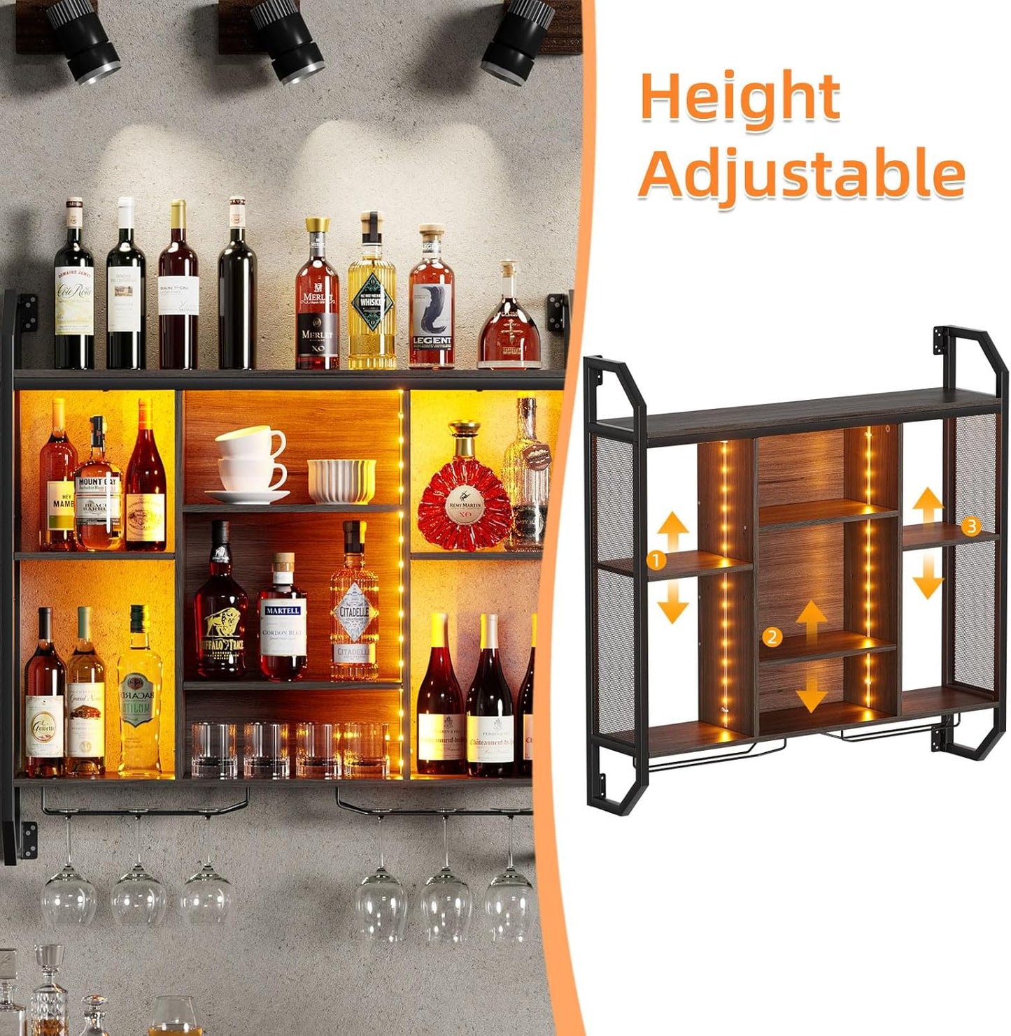 Weinregal Wand Mit LED-Licht 90*90CM Weinregal Zur Wandmontage Aus Eisen+MDF Flaschenregal Wand Weinregale Mit Glashalter Schweberegale Wandregal mit verstellbarem Regalboden für Bars,Weinkeller,Küche
