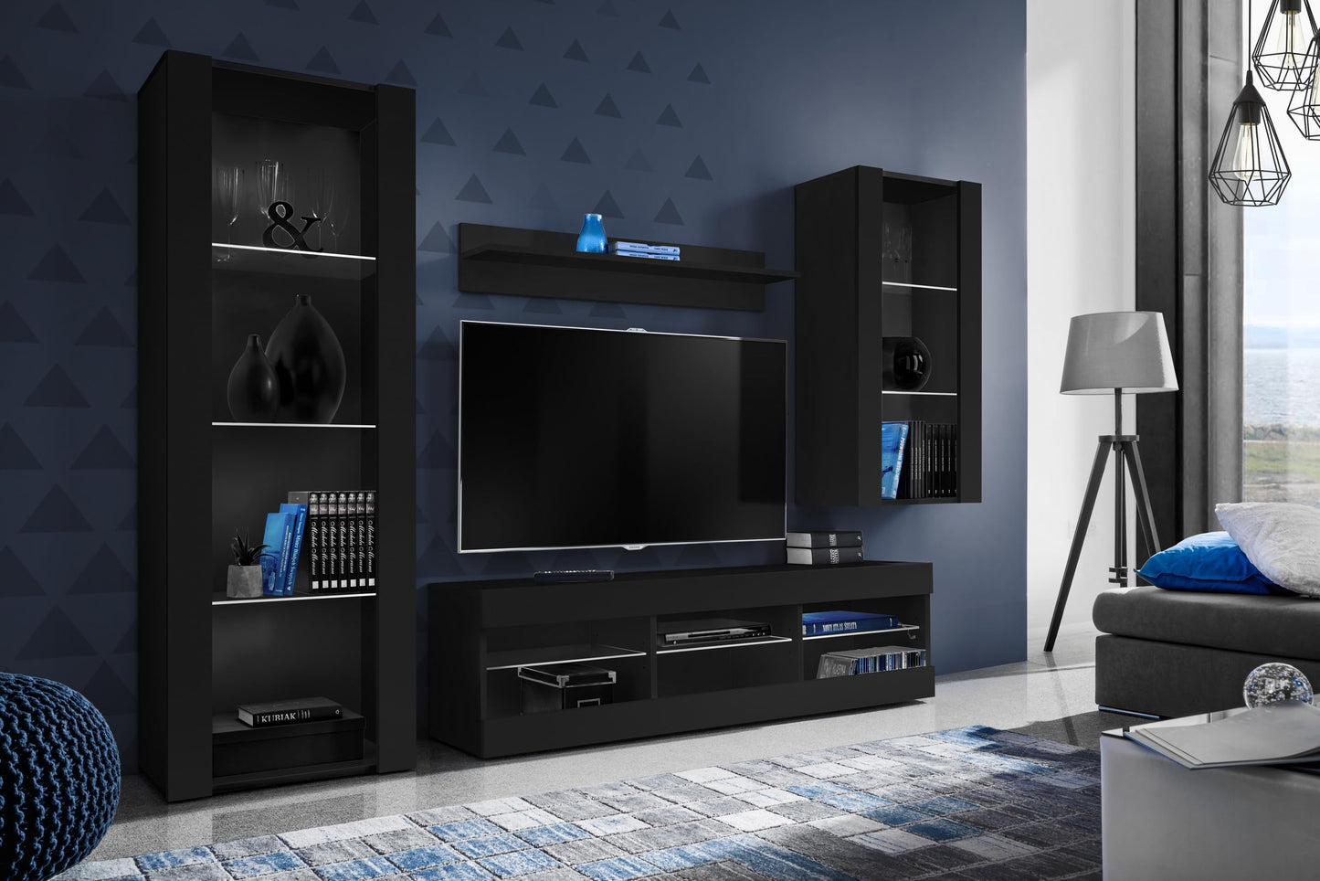 Komodee Tivoli Medio Wall Unit Living Room Set, Black/Black, Width 245 cm x Height 159 cm x Depth 35 cm, LED Blue, for Living Room, Bedroom