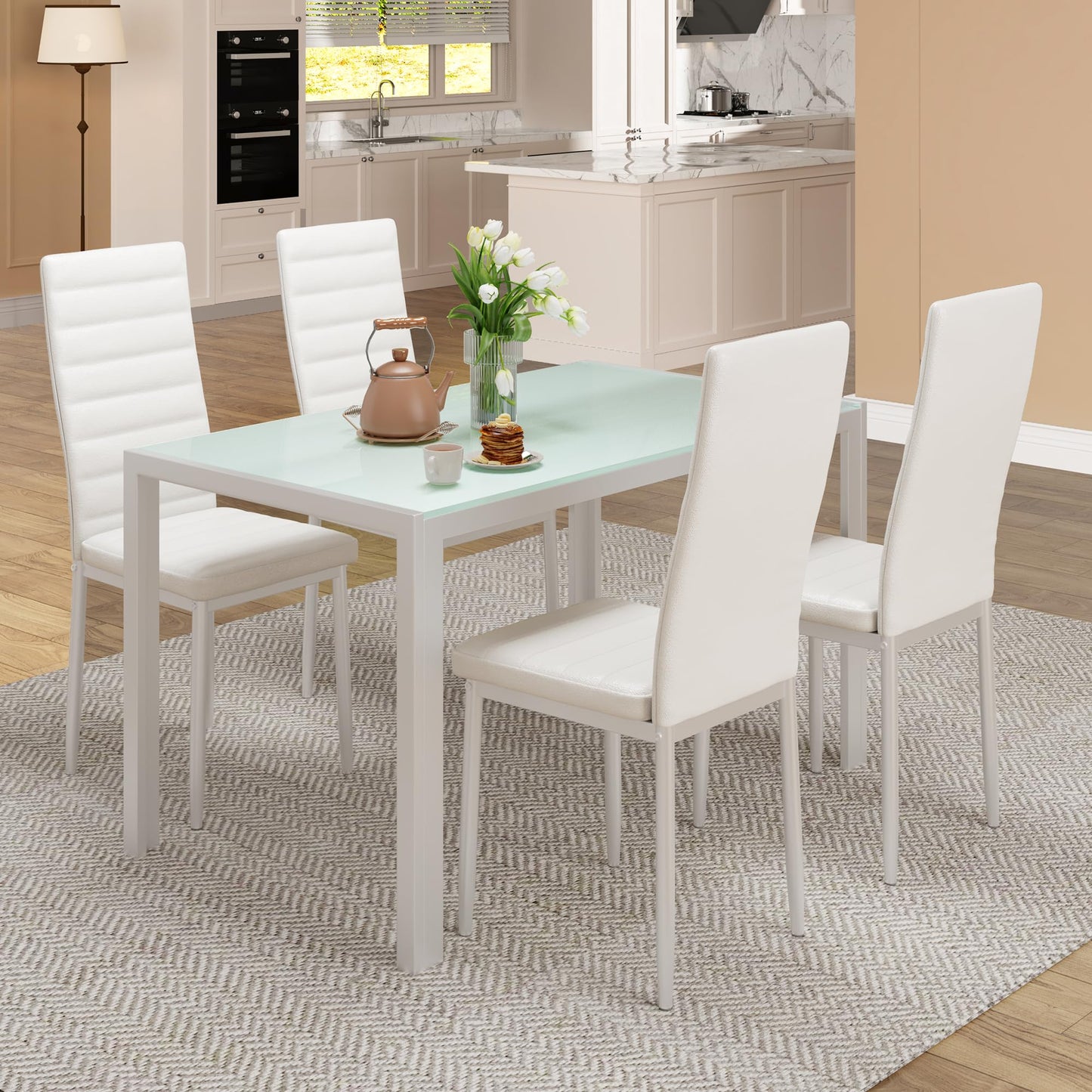 Bealife Dining Table with 4 Chairs Set, Dining Table and Chairs for 4 People, Dining Room 6 Chairs and Table, Set with Dining Table and Chairs for Kitchen, Dining Room and Living Room (Black, 4