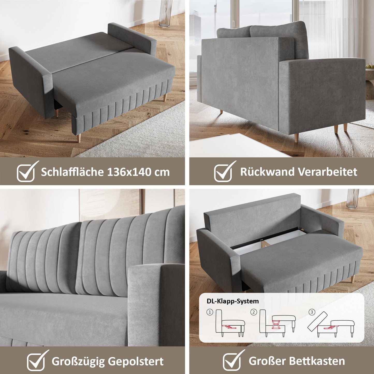 MOTIVENA Leo Sofa Set, Sofa Set 3 2 1 Living Room, Sofa 3 2 1 Set, Couch Set, Futon Set, Living Room Couch Set, Couch 3 2 1 Set, Bonell Spring Core (H4), Velvet, Grey Light Grey