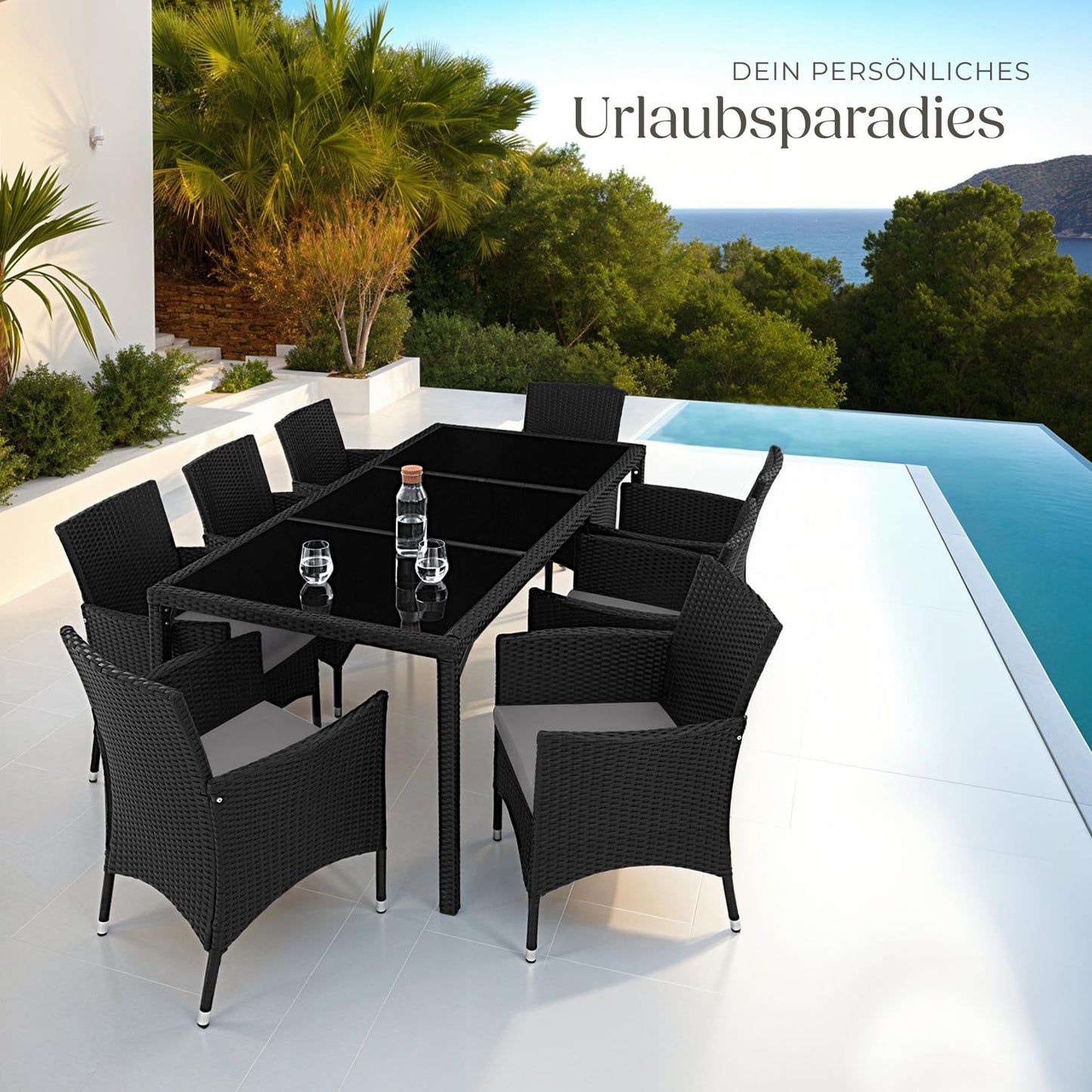 tectake® edles Outdoor Gartenmöbel Set Rattan Sitzgruppe mit Sessel und Tisch für 8 Personen, inkl. Schutzhülle und Polstern, Balkon Möbel wetterfest - Natur/dunkelgrau