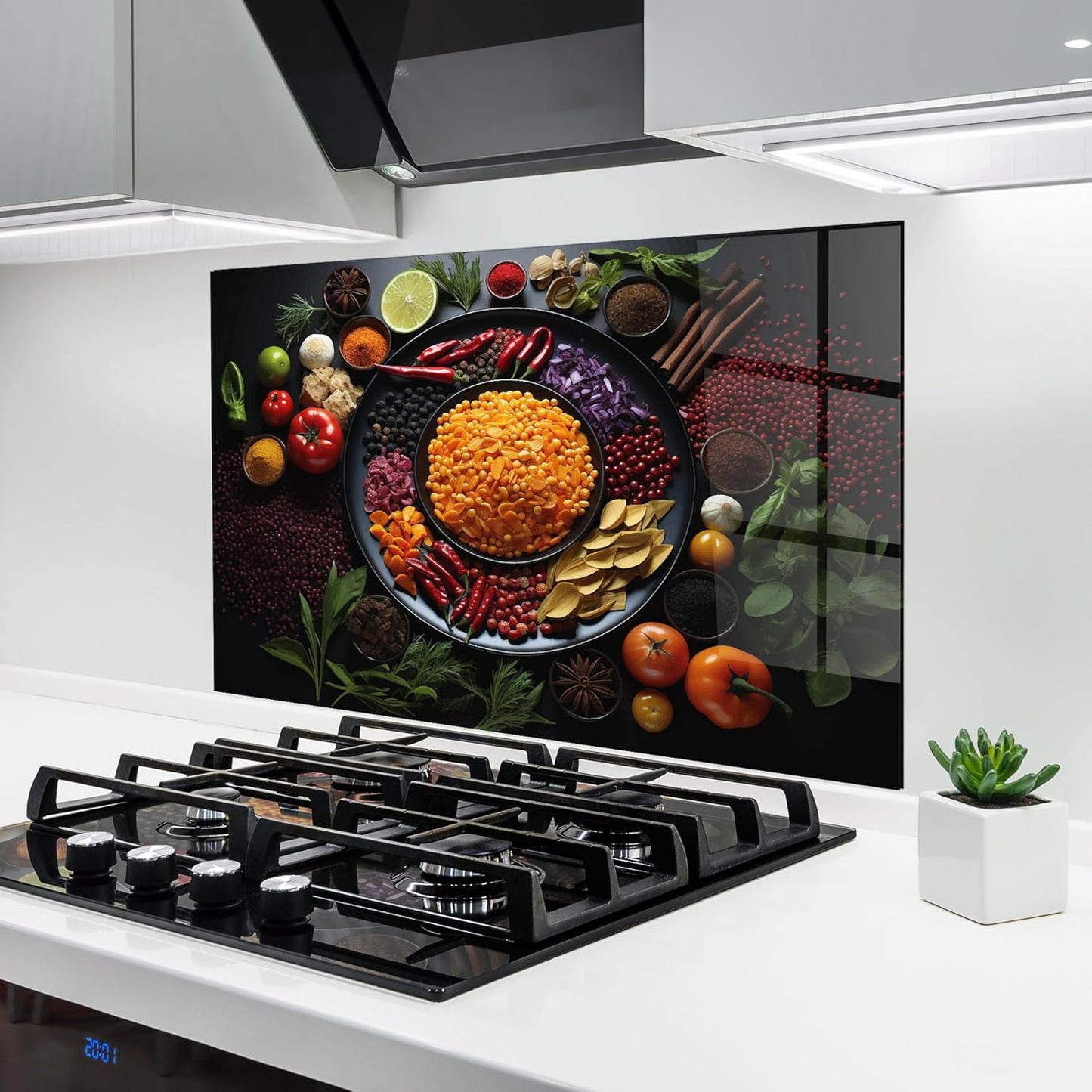 ARTHUB® Küchenrückwand aus Glas 50x70 cm, 5mm ESG | Spritzschutz, Glasplatte, Herdspritzschutz, Wandschutz für Herd, Hartglas, Lebensmittel, Gewürze, Heart Spice Powders
