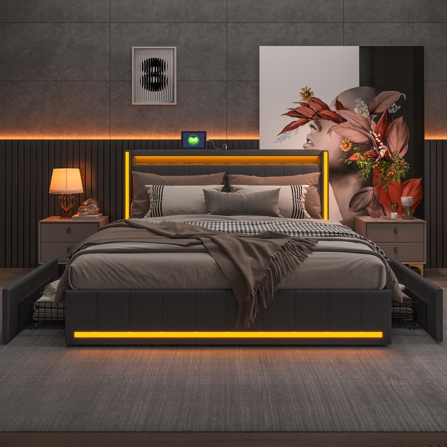 WOBOPCG Upholstered Double Bed 140 x 200, Hydraulic Storage Bed with Slatted Bases, Double Bed with Storage Space, Functional Bed with Storage Space (Grey + Flannel, 140 x 200)