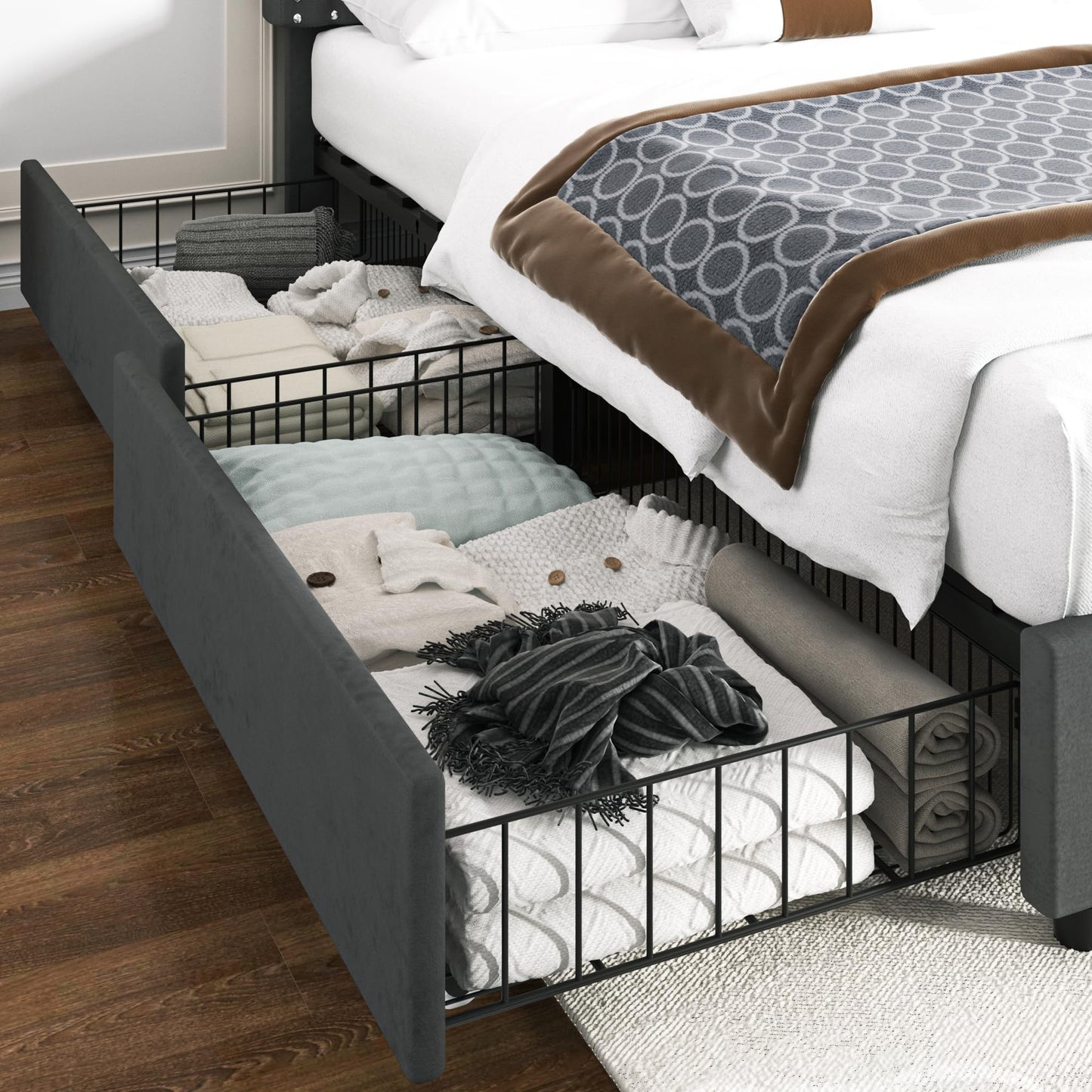 VECELO Upholstered Double Bed 140 x 200 cm with 4 Storage Drawers, Double Bed Frame with Height-Adjustable Headboard and Storage Box, Bed with Storage Space and Slatted Frame, Mattress Not Included