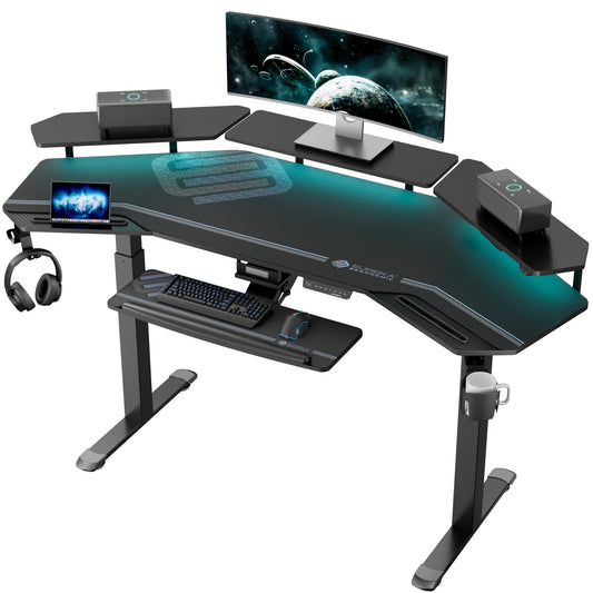 EUREKA ERGONOMIC Height Adjustable Desk 182 x 76 cm Standing Desk in Wing Shape Gaming Table Height Adjustable Electric Large Gaming Desk with LED Monitor Stand and Keyboard Shelf