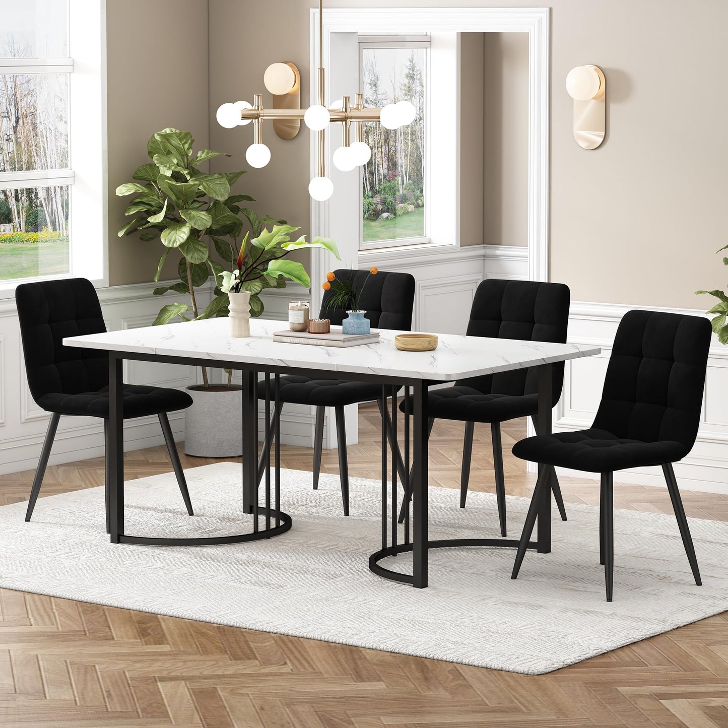 Gegtuon Esstisch mit 4 Stühlen für 4 Personen 140x80 cm, 5 teilig Tisch Rechteckig für Küche, Modern Küchentisch mit Schwarz Tischbeine, Essgruppe für Esszimmer Wohnzimmer, Leinen, Dunkelgrau