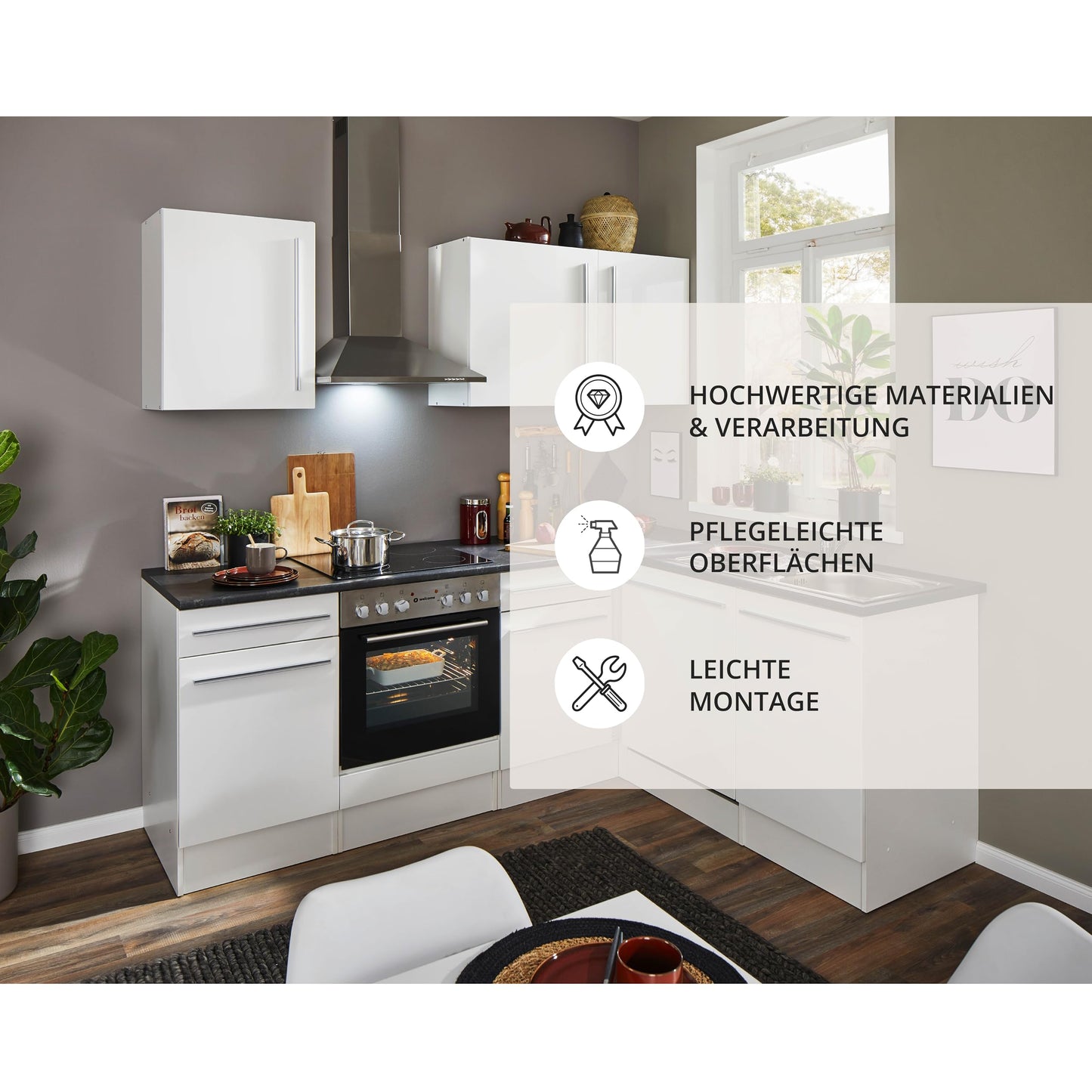 Jazz 8 Modern Corner Kitchen without Electrical Appliances in White High Gloss, Metallic Grey - Spacious Kitchen Unit in L-Shaped with Lots of Storage Space - 220 x 211 x 60 cm (W x H x D)