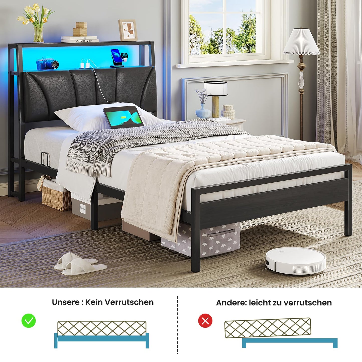 Brinlawb Bed 140 x 200 cm with Metal Slatted Frame, Bed Frame 140 x 200 cm with LED Lighting, Metal Bed 140 x 200 cm with Headboard and Charging Station (2 AC Sockets, 2 USB Ports), Youth Bed, Double