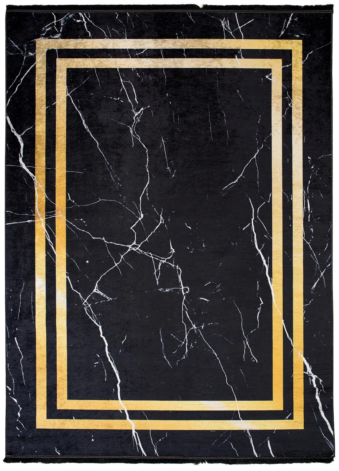 Mazovia Modern Teppich - Kurzflor Waschbar - Weich Teppich für Wohnzimmer, Schlafzimmer, Esszimmer – Teppiche Marmor Abstrakt Muster - Schwarz Gold 160 x 230 cm