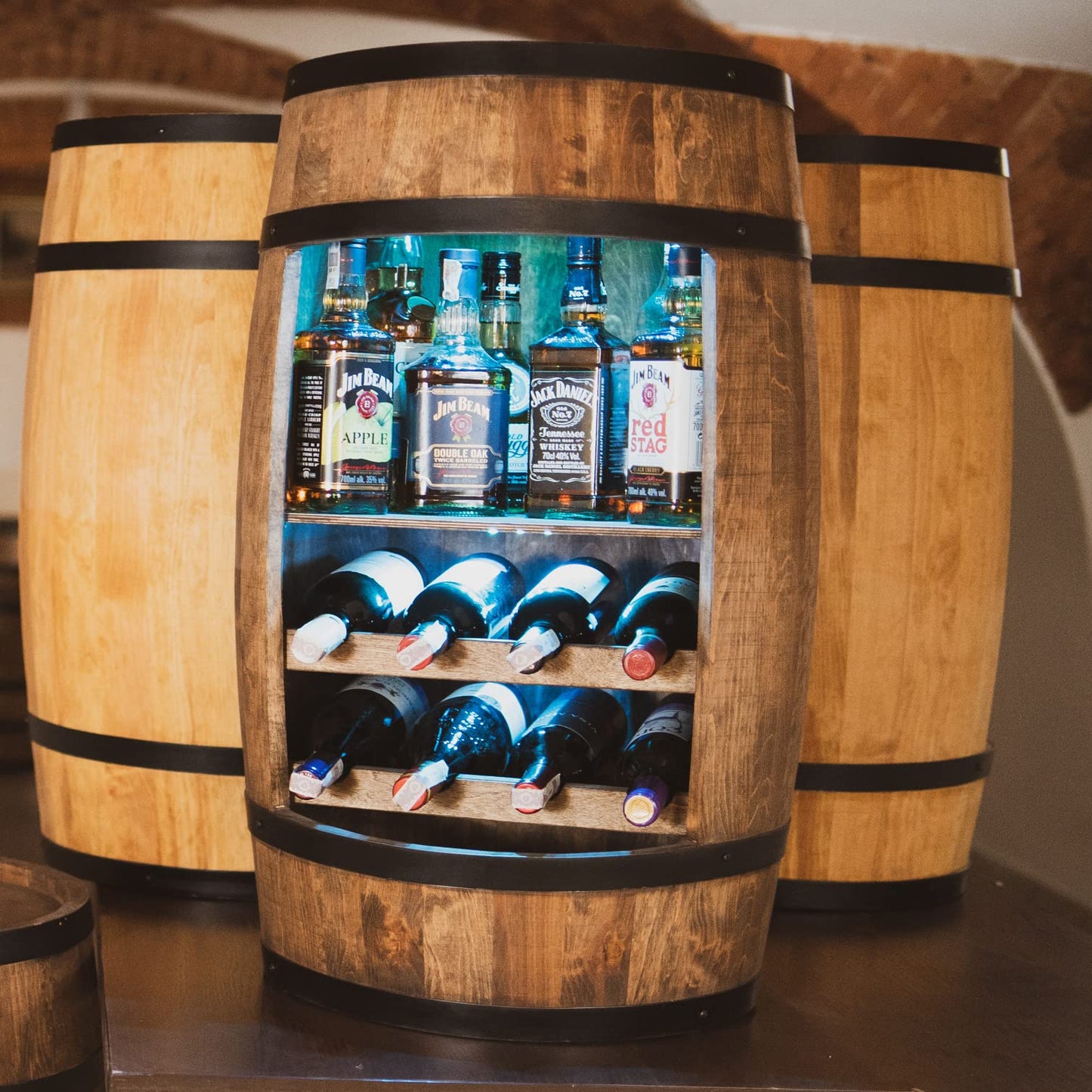 CREATIVE COOPER Weinregal - Weinschrank Mini Bar - Alkohol Schrank mit LED - Weinfass - Fass bar - Weinbar - Fassbar - Barschrank - 80cm hoch - Retro deko Bar Regal - Hausbar Theke - Fassmöbel Eiche