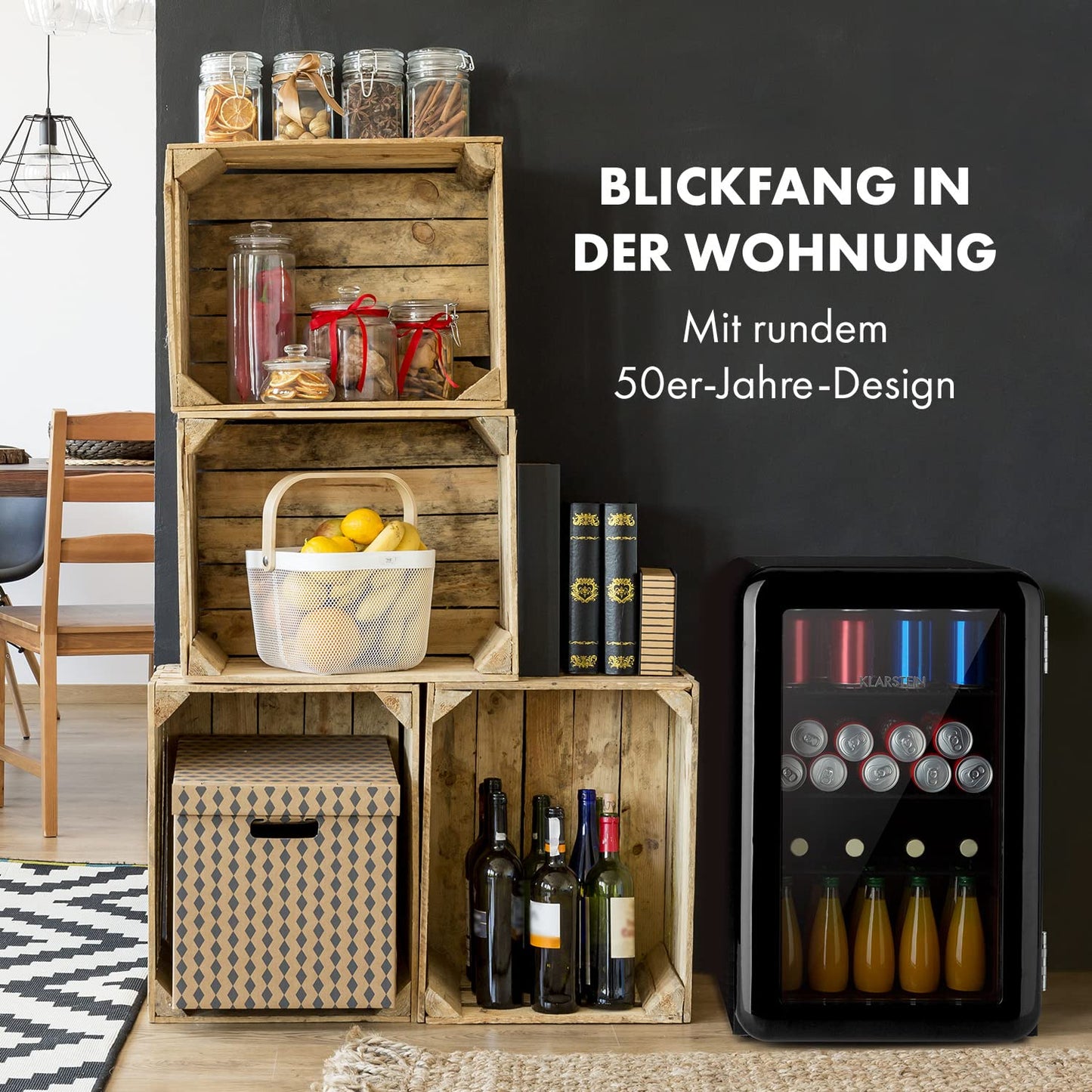 Klarstein PopLife Getränkekühler - Mini-Bar, Retrokühlschrank, 0-10°C, nur 39 dB, 115 L, umweltfreundlich, doppelt verglaste Tür, Retro-Design, rot