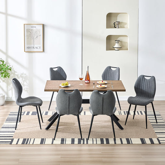 LEWE Dining Table with 6 Chairs Set, 140 x 80 x 76 cm, Rectangular Wooden Dining Table with Dining Room Chairs with High Backrest, Black Iron Legs, for Kitchen, Dining Room and Living Room