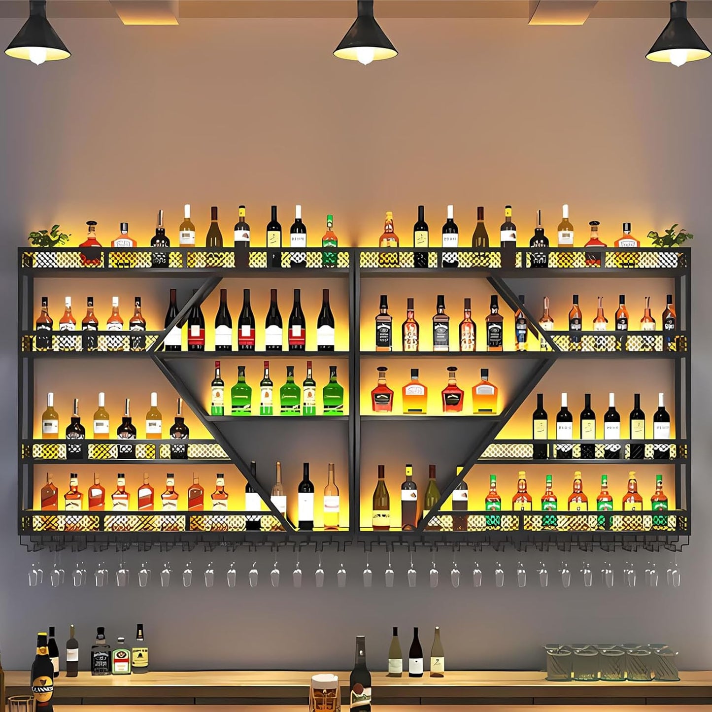 Wall Wine Rack Metal with LED Lighting and Modular Wine Bottle Holder Modern Wine Storage for Home Bar, Kitchen, Catering Robust Holder + Easy Assembly (Includes Dowels) (Black, 2.4 m)