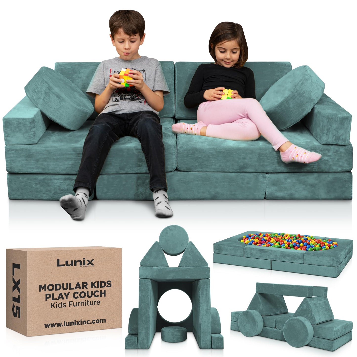 Lunix LX15 14pcs Modular Kids Play Couch, Child Sectional Sofa, Fortplay Bedroom and Playroom Furniture for Toddlers, Convertible Foam and Floor Cushion for Boys and Girls, Gray