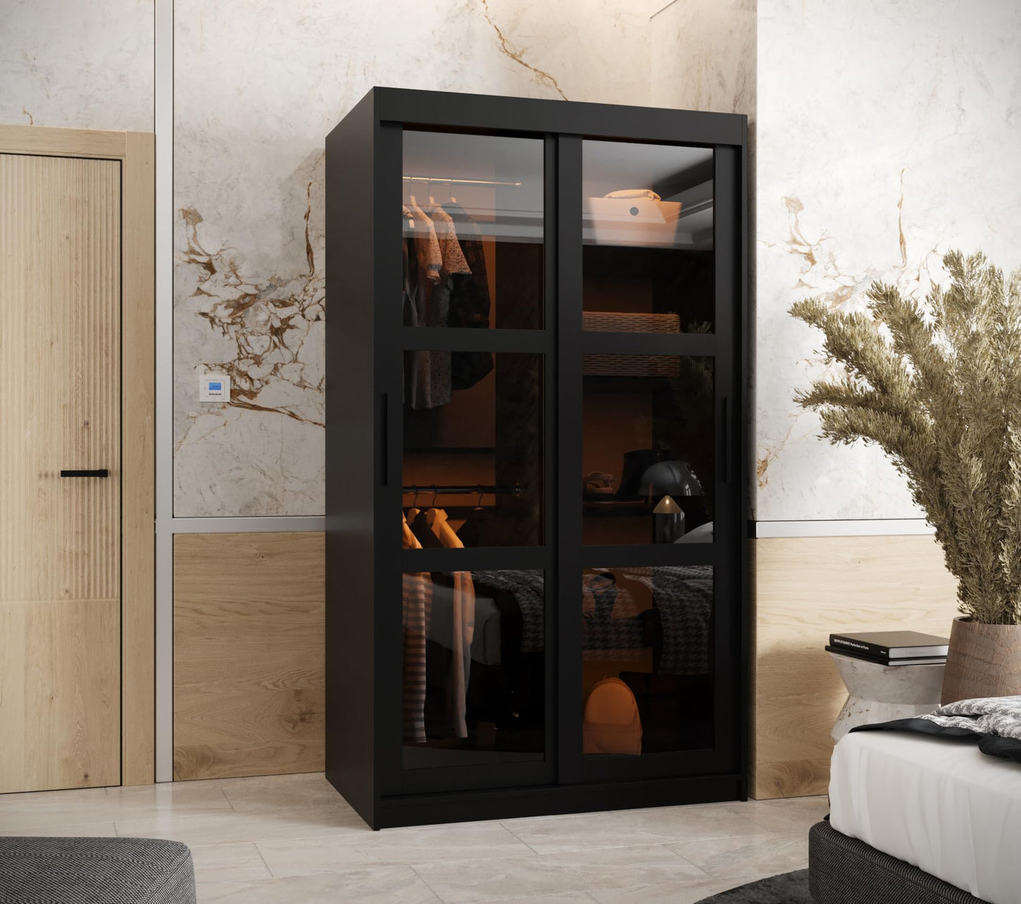MEBLE KRYSPOL Dome 2 Schrank mit DREI Schiebetüren mit Spiegel, Stangen und Regalen - Aufbewahrungsschrank mit Rauchglas für Schlafzimmer, Wohnzimmer - 200x250x62cm - Schwarz, Schwarz, Schwarz