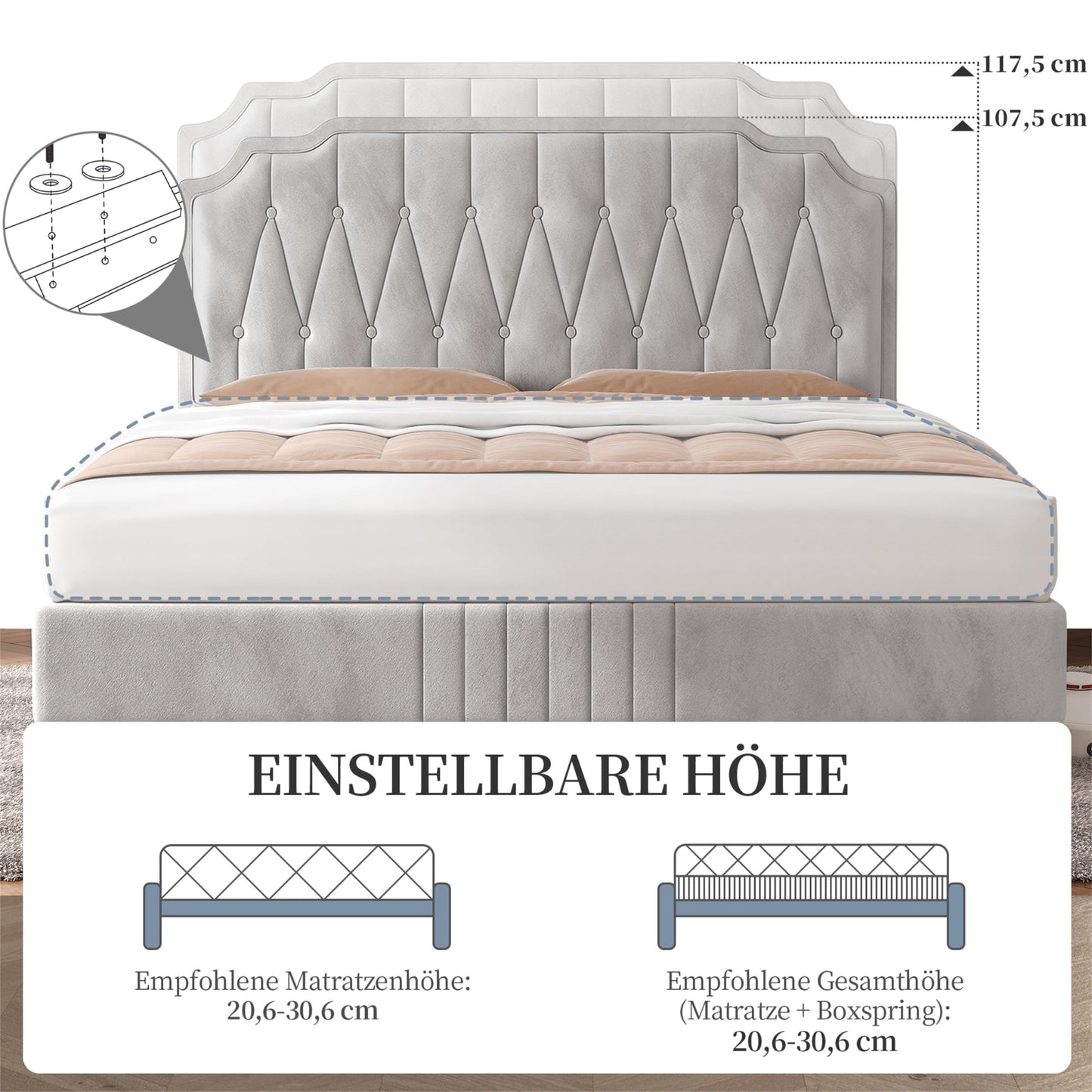 Yaheetech Upholstered Double Bed 140 x 200 cm Fabric Bed Youth Bed Padded Bed with Height-Adjustable Headboard Bed Frame with Slatted Frame, Dark Grey