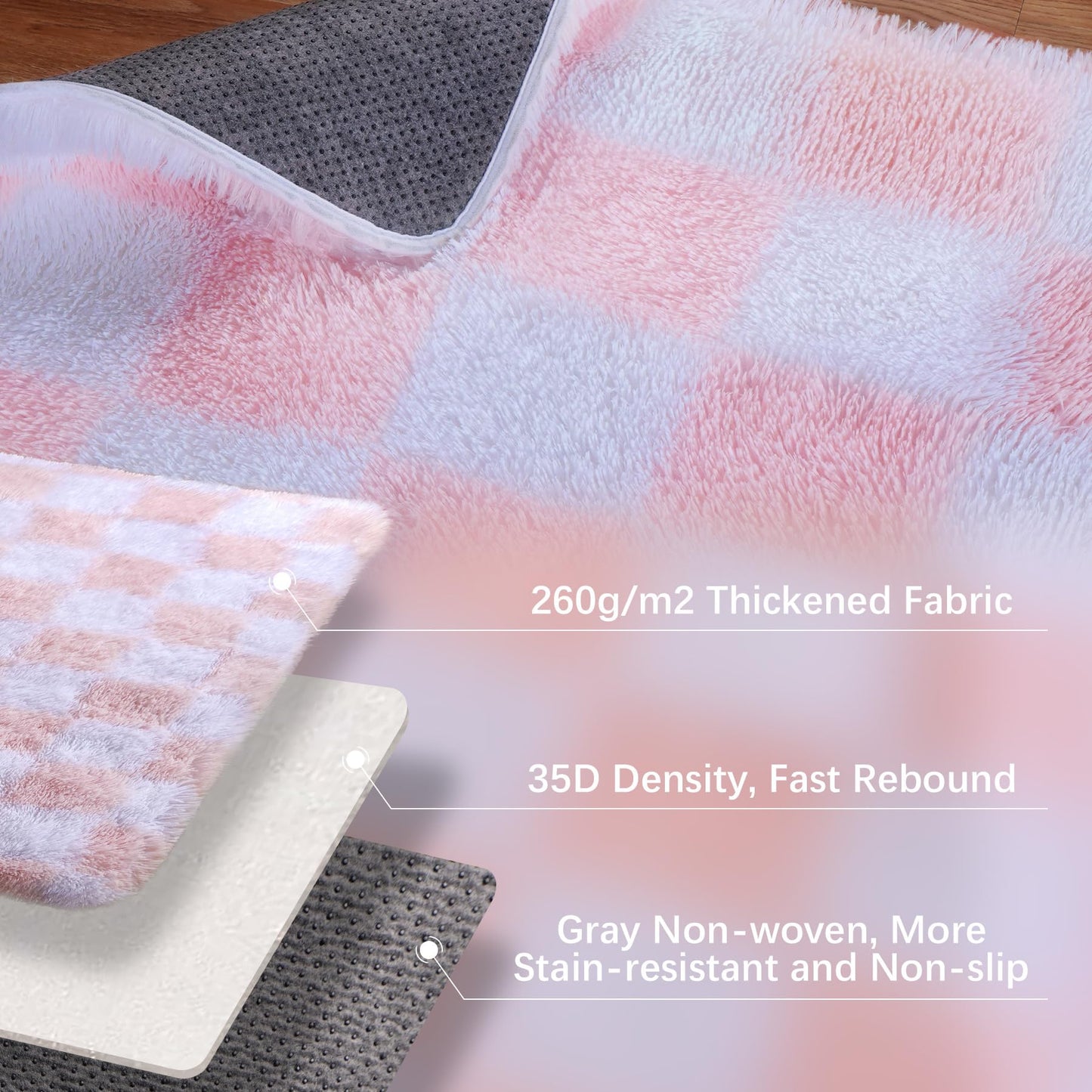 BYBSRLL Checked Rug Pink and White 120 x 180 cm High Pile Soft Fluffy Cuddly Rug Washable Rug Living Room Bedroom Children's Room Girls Non-Slip Rugs for Living Room