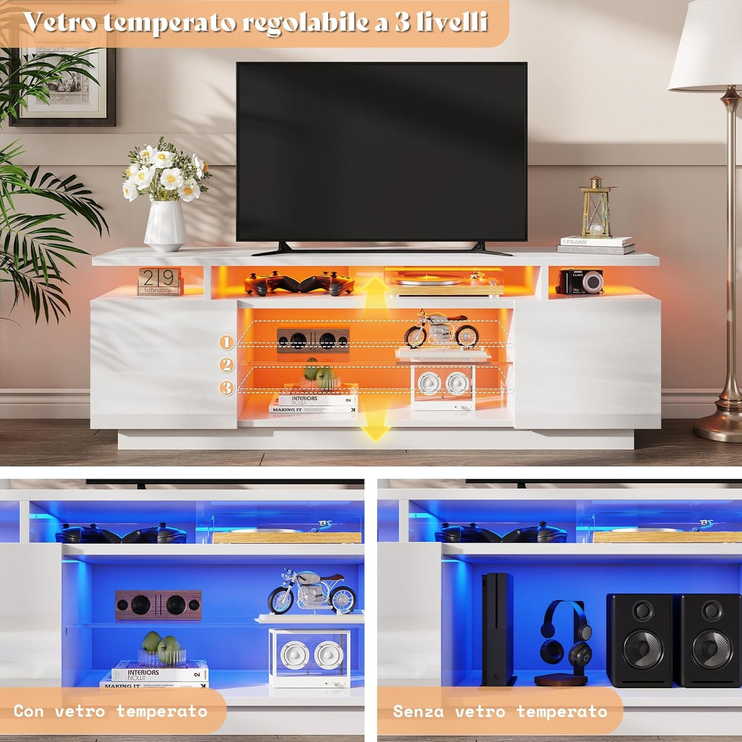LUXOAK TV Lowboard High Gloss White with LED Lighting - 160 x 38.5 x 54.5 cm TV Stand for up to 75 Inch TV, TV Cabinet with 2 Doors & Adjustable Glass Shelf, for Living Room & Bedroom