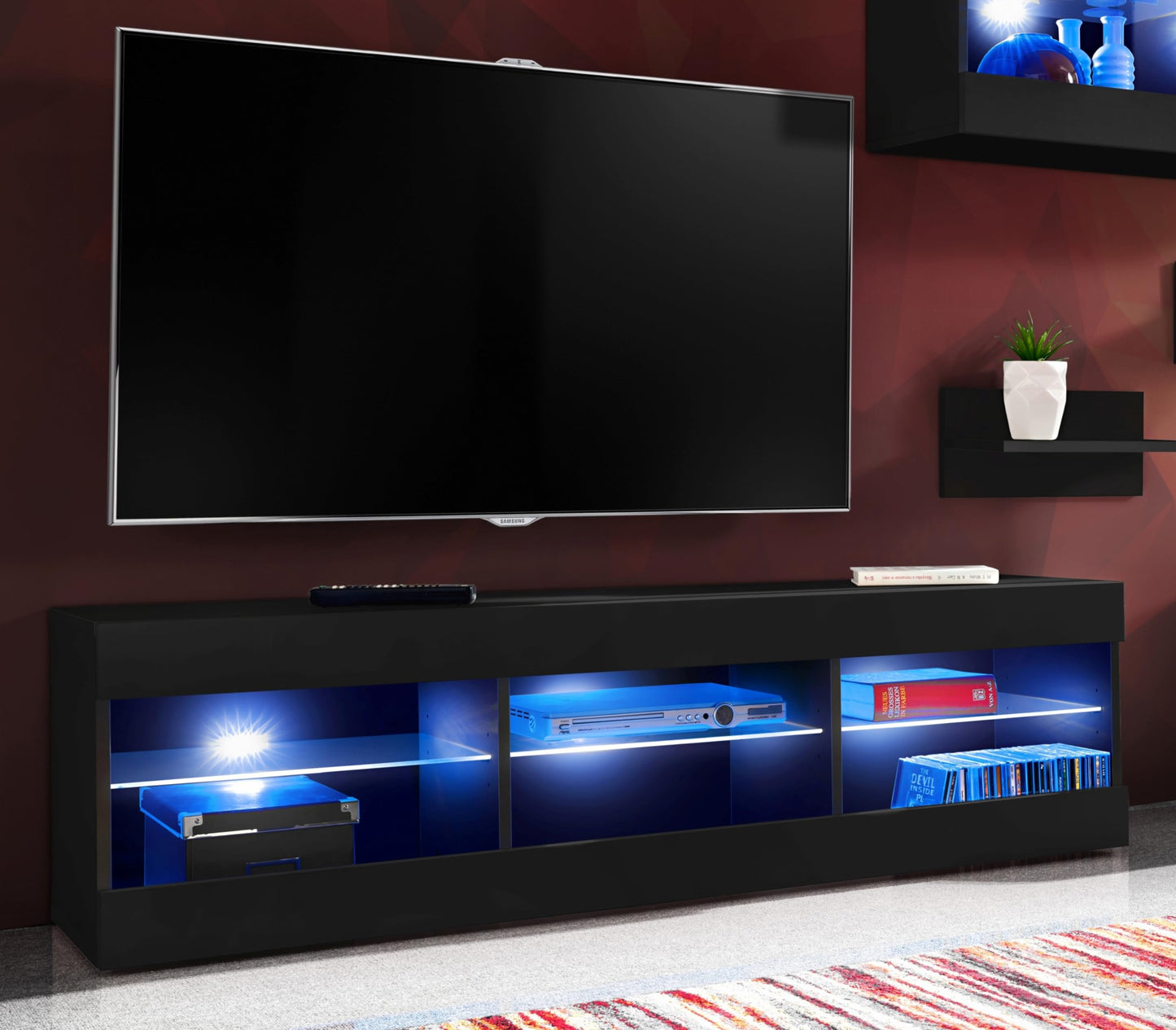 Komodee Tivoli Medio Wall Unit Living Room Set, Black/Black, Width 245 cm x Height 159 cm x Depth 35 cm, LED Blue, for Living Room, Bedroom