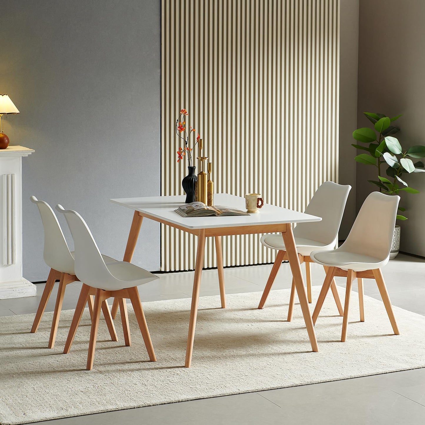 H.J WeDoo Esszimmergruppe mit 4 Essstühlen, Rechteckig Esstisch und Stühle für Esszimmer, Küche, Wohnzimmer, Weißer Esstisch und Graue Stühle