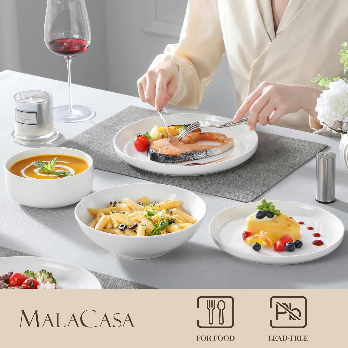 MALACASA Geschirrset 6 Personen, LUNA 24-tlg Tafelservice aus Weißem Porzellan, Modernes Geschirr Set mit je 6 Speiseteller, Dessertteller, Suppenteller und Müslischalen