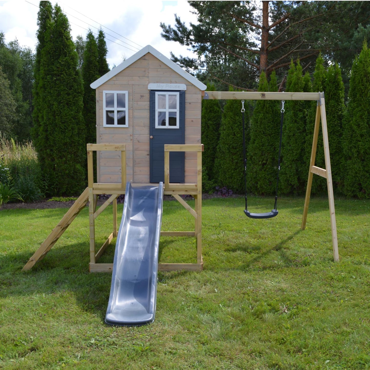 Wendi Toys M24G Children's Outdoor Stilt House with Slide and Swing, 330 x 350 x 242 cm, Grey, FSC Wood, Playhouse Children Outdoor with Swing & Plastic Slide for Garden, Playground for Garden