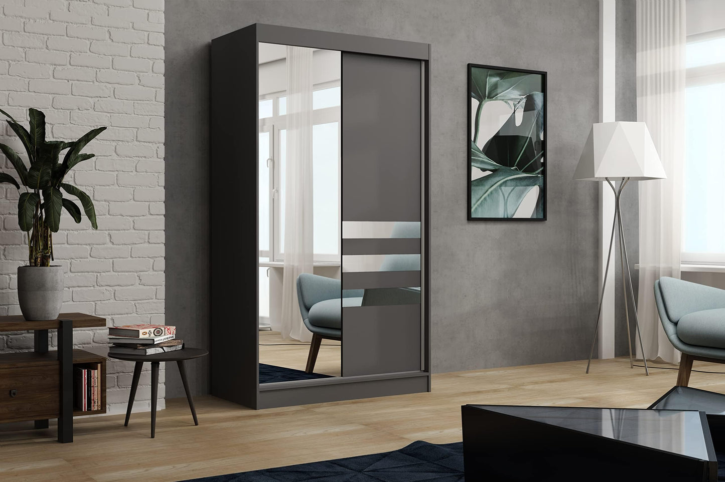 Brent - Kleiderschrank mit Spiegel Henry, 250cm Breit, Schlafzimmerschrank mit 1 Kleiderstange und Einlegeböden für Kleidung, Kleiderschrank Grau