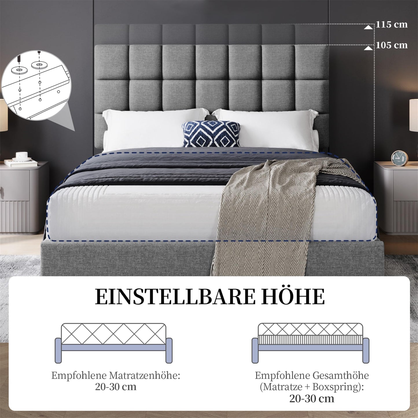 Yaheetech Upholstered Bed 140 x 200 cm Double Bed with Height-Adjustable Headboard, Sturdy Bed Frame, Fabric Bed with Slatted Frame, Padded Bed Frame, Youth Bed, Dark Grey