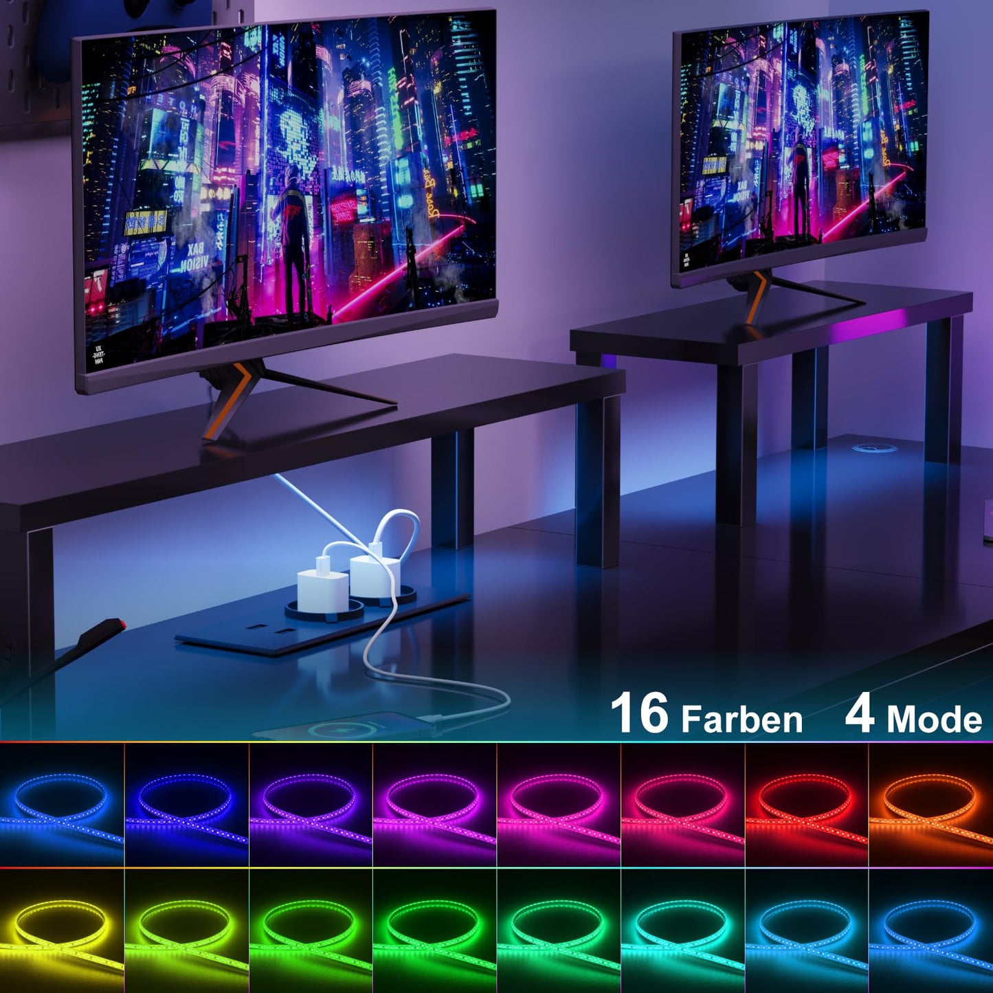 Flamaker Gaming Tisch l Form 140x140 cm - Eckschreibtisch mit RGB LED, Monitorständer & Ablagefach | 2 Steckdosen + 2 USB-Anschlüsse (Weiß)