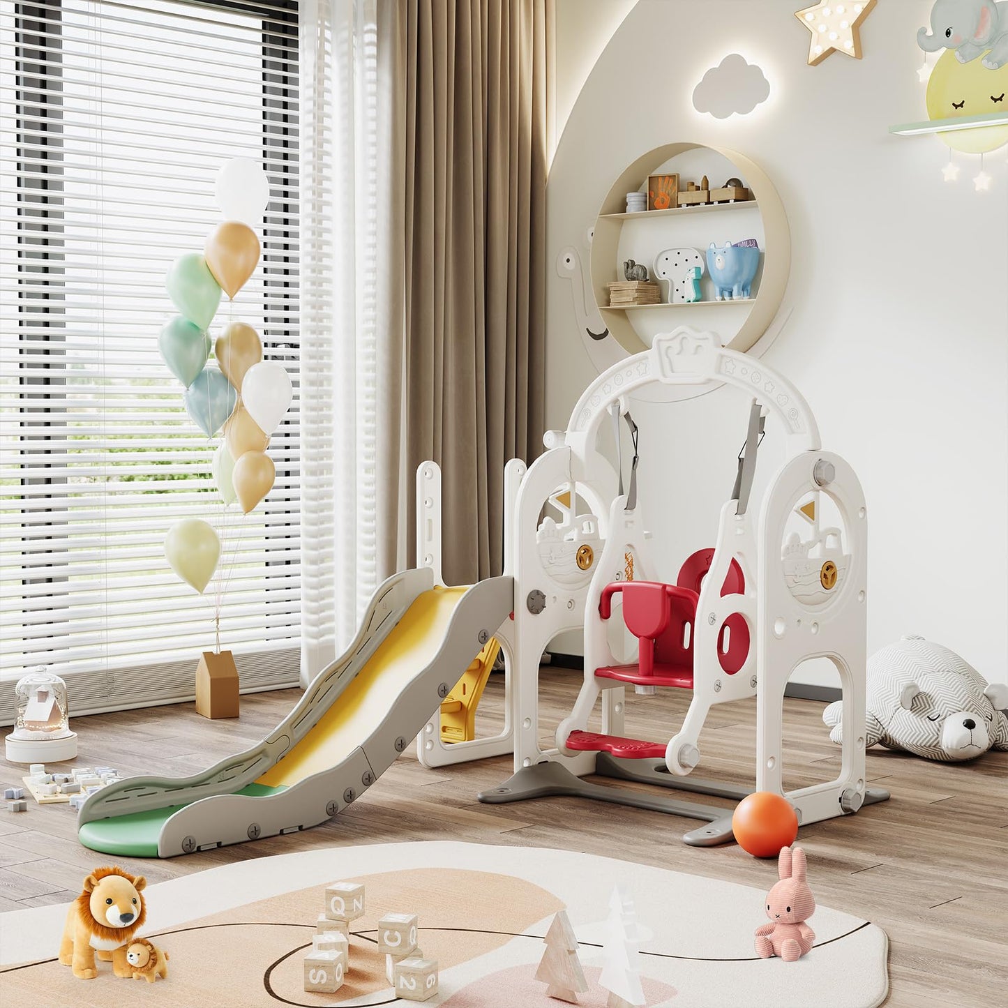 DADEA 6 in 1 Kinderrutsche mit Korb, Rutsche und Schaukel für Kinder im Freien Grün, 150 × 150 × 115 cm, Babyschaukel und Rutsche für Kinder zu Hause Schaukel Kinderrutsche, Grün