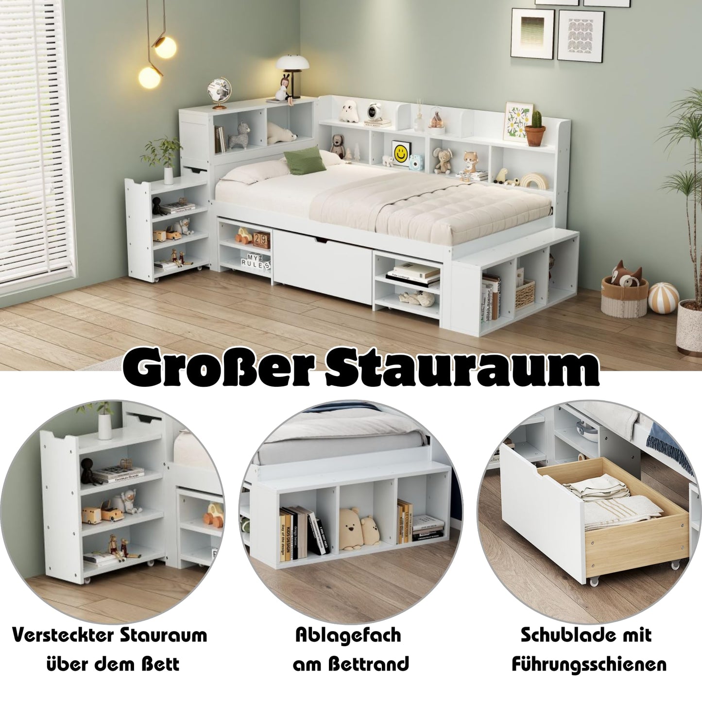 Children's Bed 90 x 200 cm, Wooden Bed with Drawers and Board, Headboard with Bookshelf and Fall Protection, Bed with Slatted Frame and Storage Space, Teenager's Bed, Functional Bed, Wooden Bed Frame,