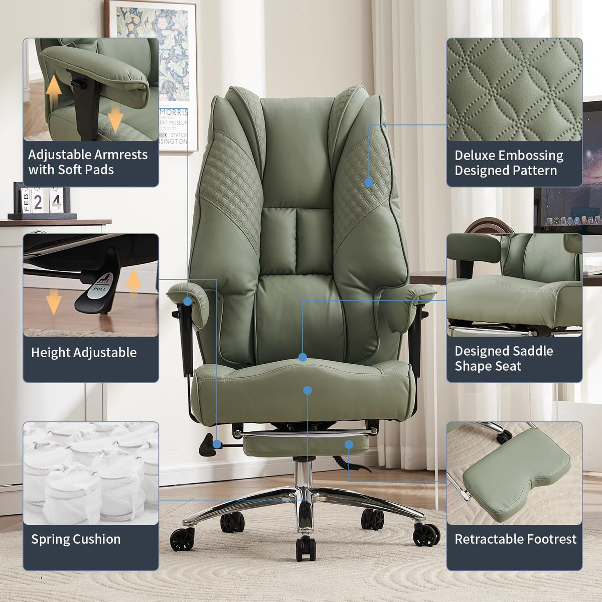 EXCEBET Bürostuhl Ergonomisch, Chefsessel mit Hoher Rückenlehne, Verstellbaren Armlehnen und Breitem Sitz, PU Leder Drehstuhl, Höhenverstellbar Schreibtischstuhl, Belastbar bis 200 kg (BEIGE)