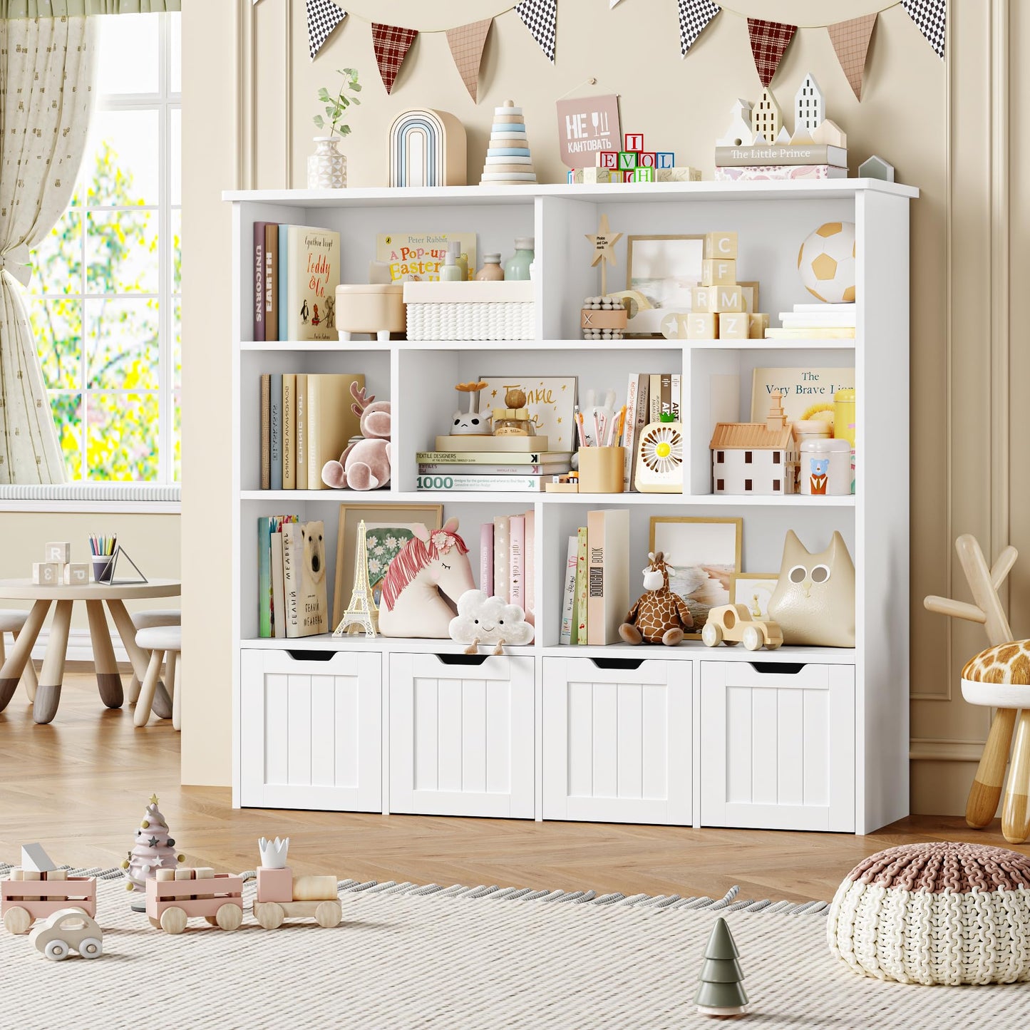 FOREHILL Children's Shelf with Boxes on Wheels, Children's Bookcase with 4 Levels, Children's Room Furniture, Toy Regulator, Storage Shelf, Bookcase for Children, Children's Cabinet, Shelf, White,